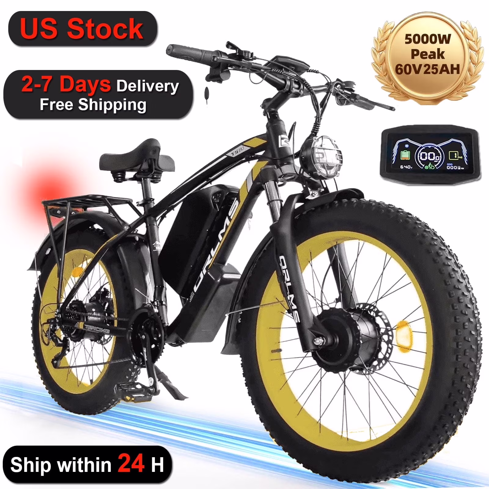 (US in Stock) 5000W Peak Dual Motor Electric Bike for Adults , 60V 25AH Removable Battery Ebike , 50MPH AWD 21-Speed Mountain Snow E-Bike with 26" x 4.0 Fat Tire, Long Range Mountain Off-Road EBikes(Black-Blue) - Image 5