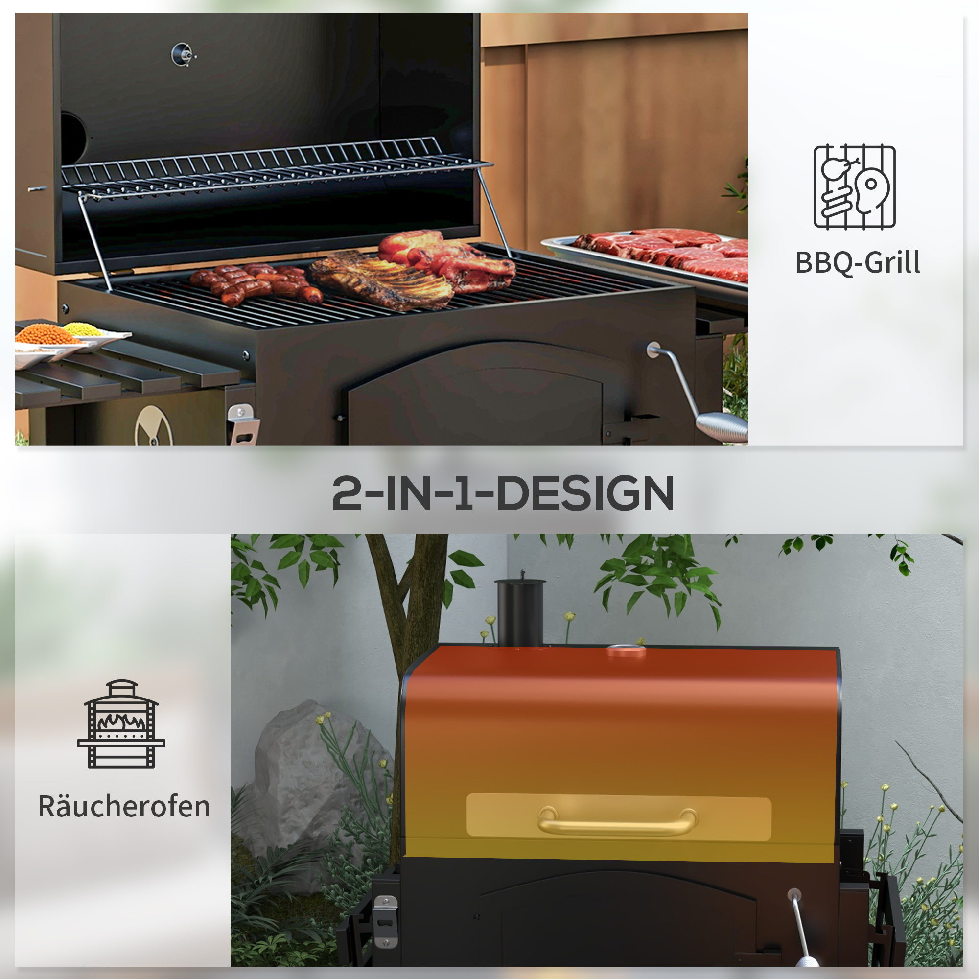 Outsunny Houtskoolgrill BBQ-Grill Smoker, verstelbare koolstoffen, zijtafels, 124 x 66 x 112 cm, Zwart