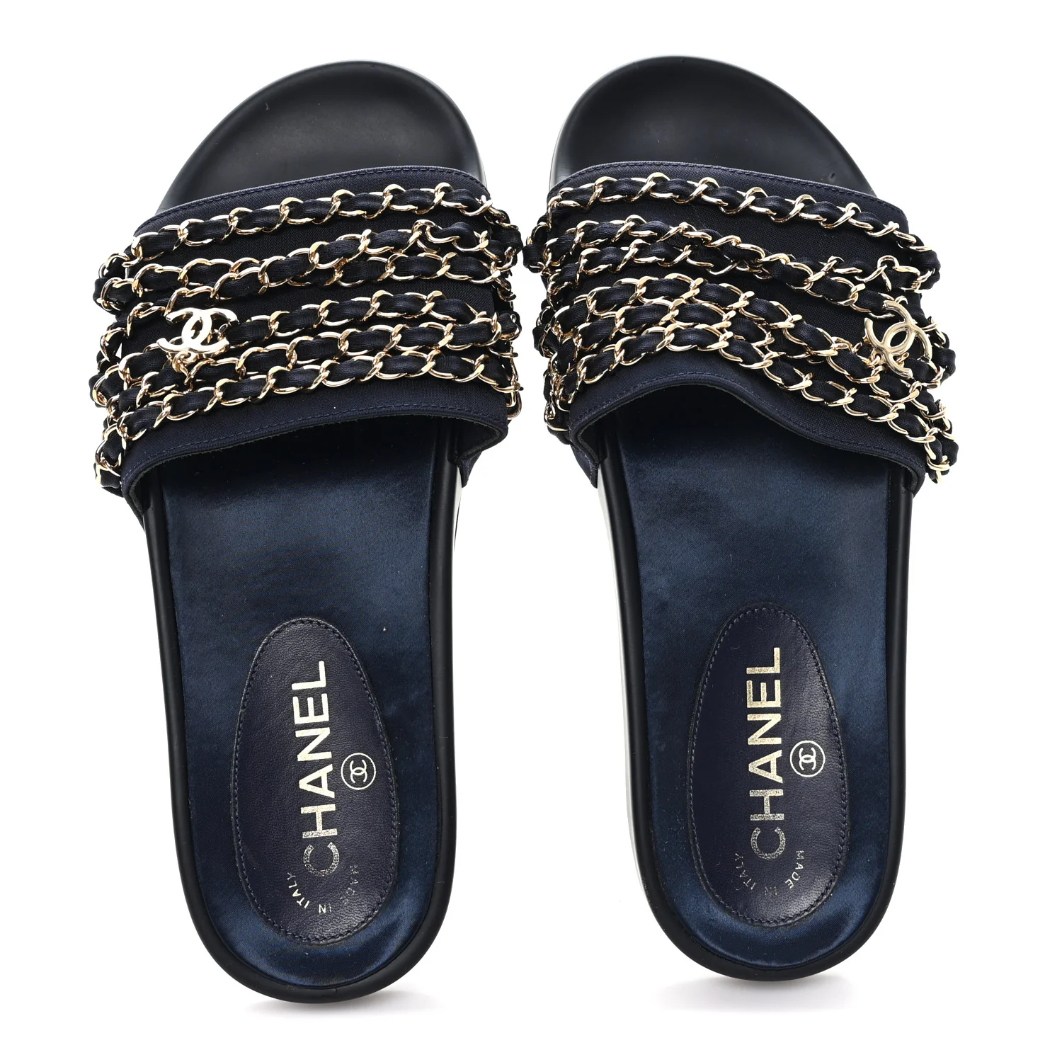 Satin Canvas Chain Slides Sandals Flats 38 Marine