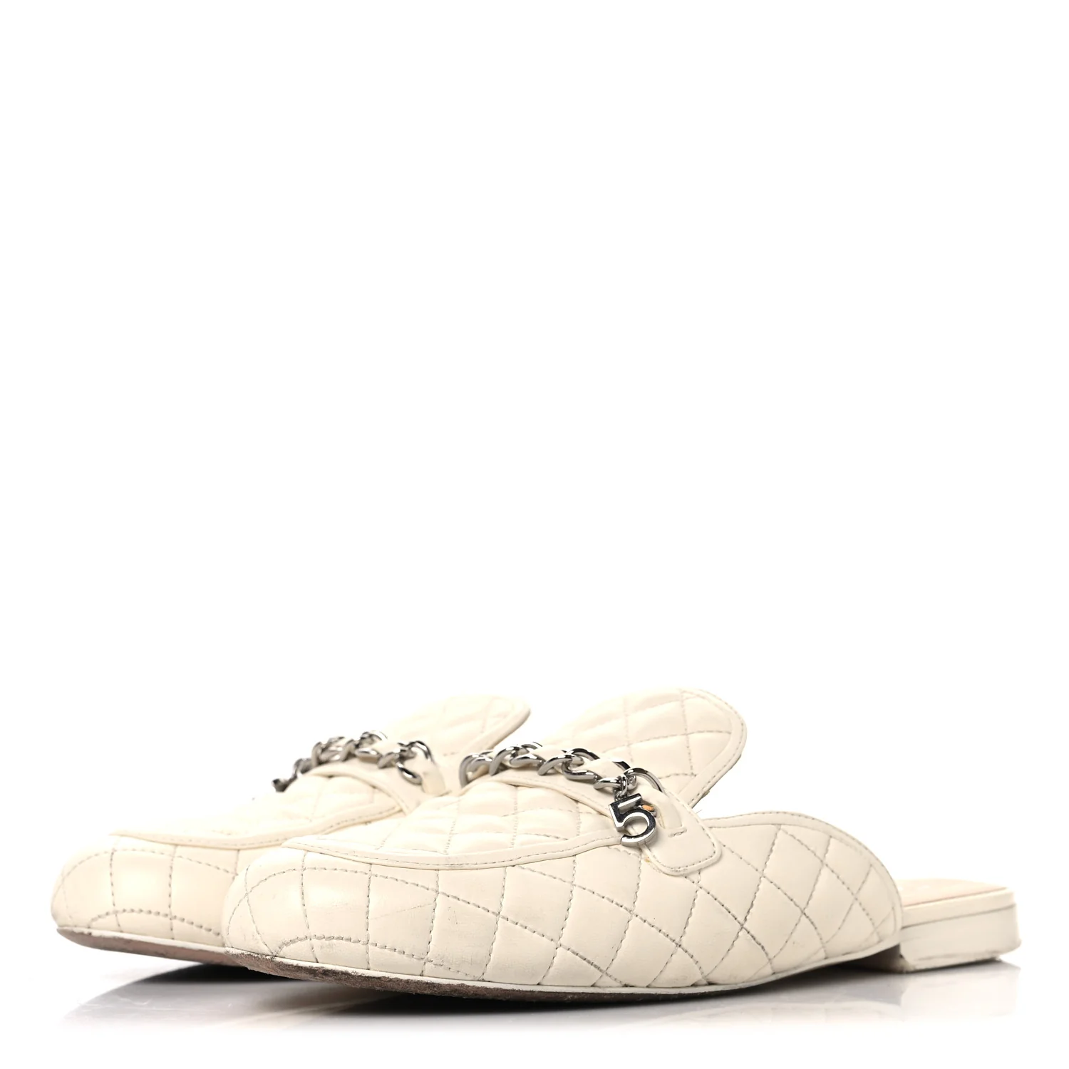 Lambskin Quilted Chain CC Mules 38 White