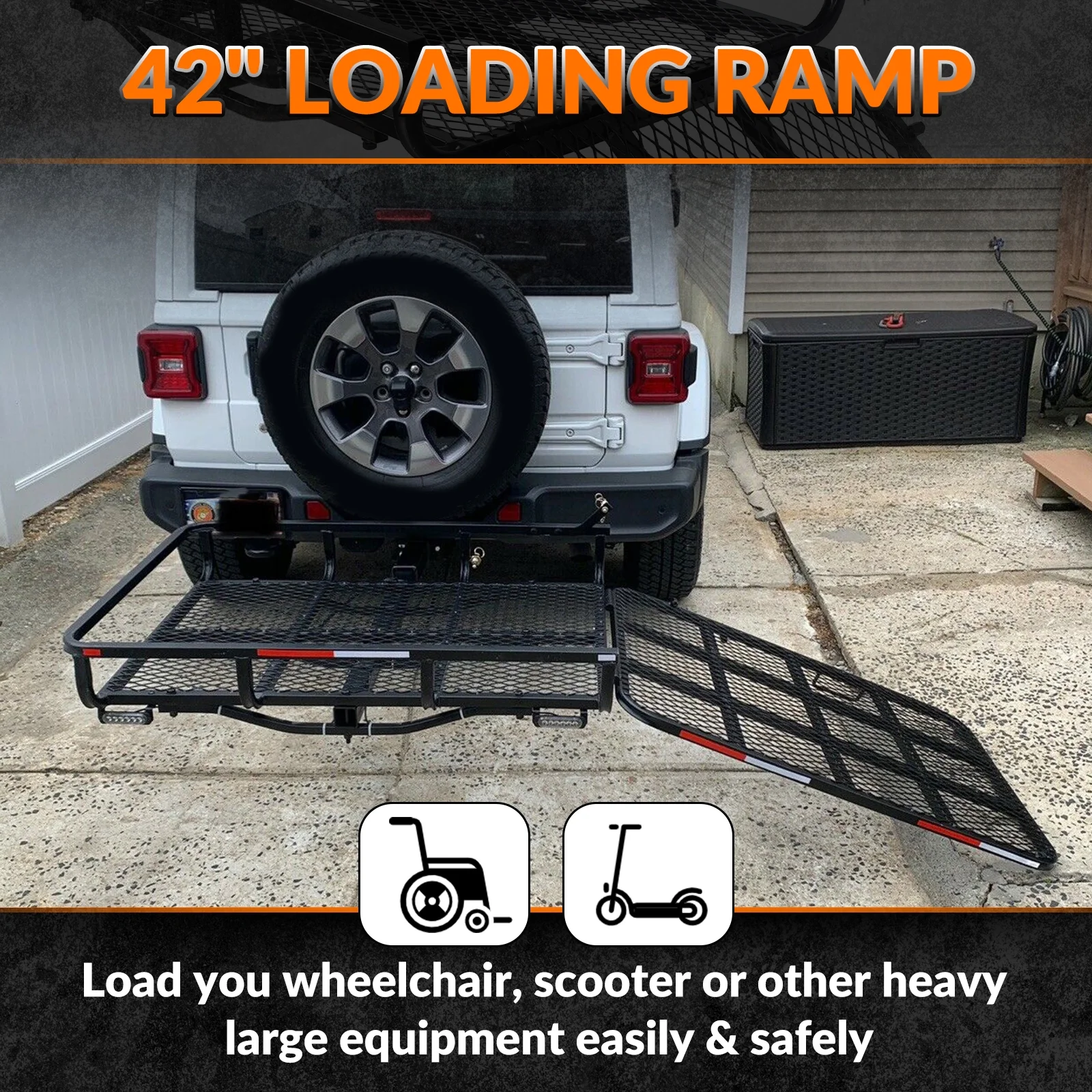 Hitch-Mounted Cargo Carrier with Mobility Ramp for Disability Medical Rack Wheelchair Scooter Lawn Mower Snow Blower Hauler 500lb Capacity Basket-Style - Image 3