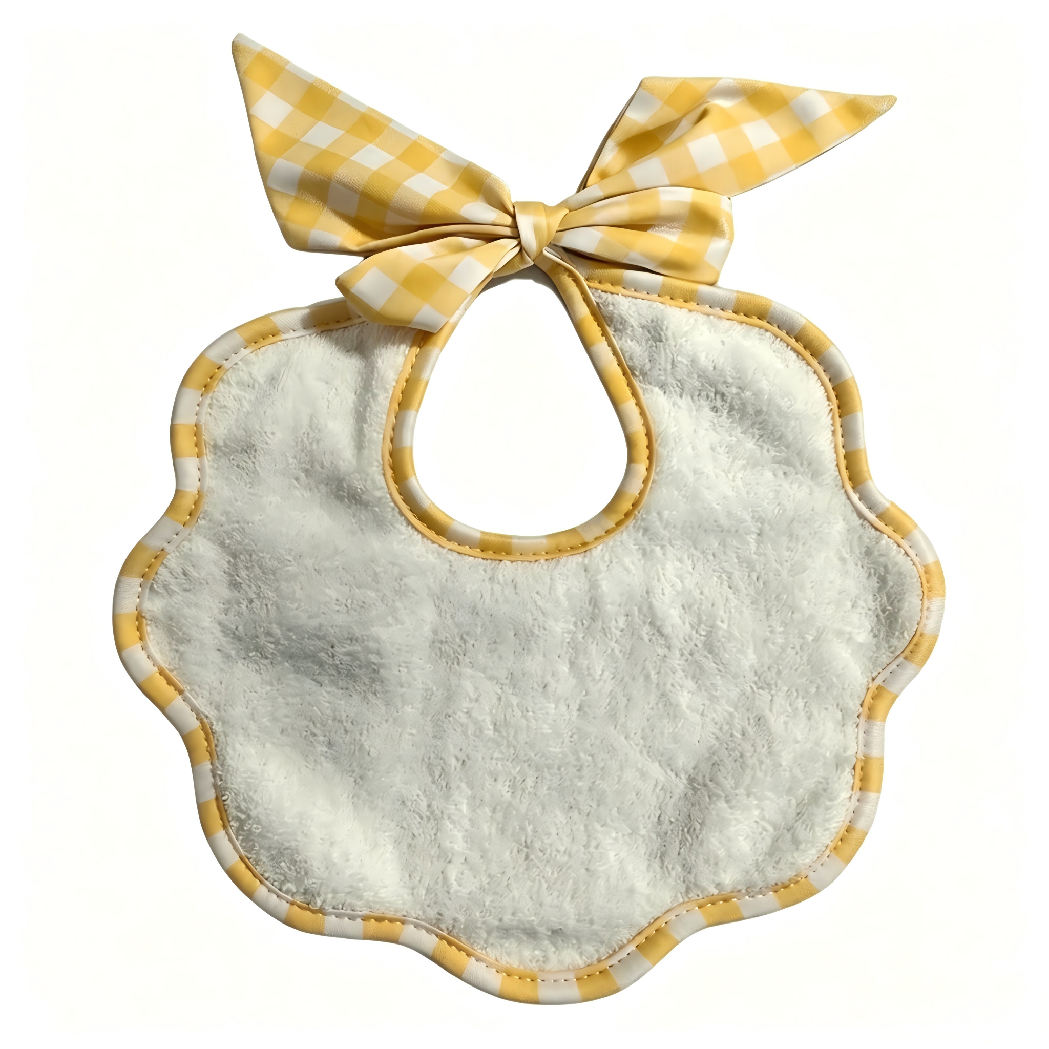 Fluffy Plush Inner Infant Feeding Bib Breathable Eco-Friendly Unisex Unique Scalloped Floral Shape Gingham Check Ribbon Bow Tie
