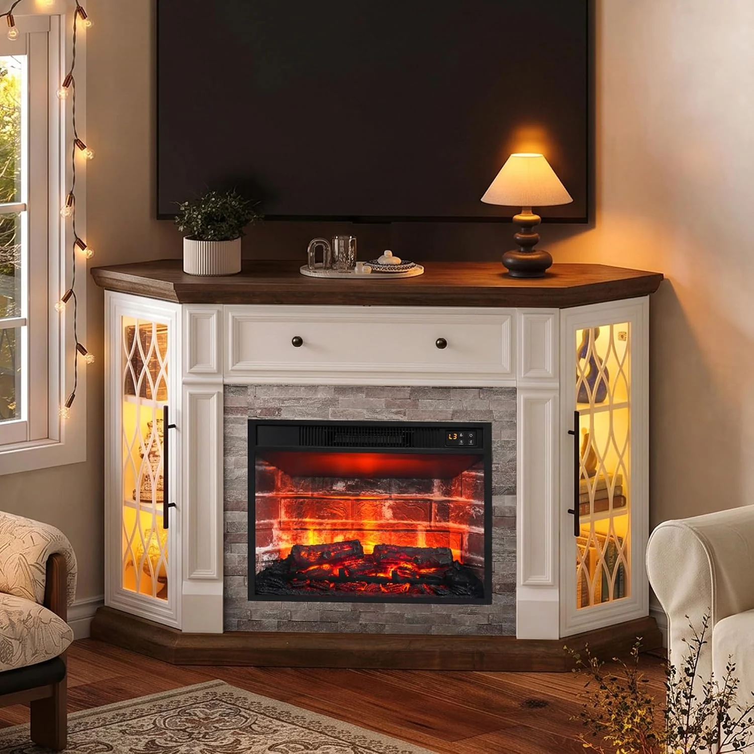 HolliWill 56" Corner Fireplace TV Stand with Outlet/LED Lights, White/Brown