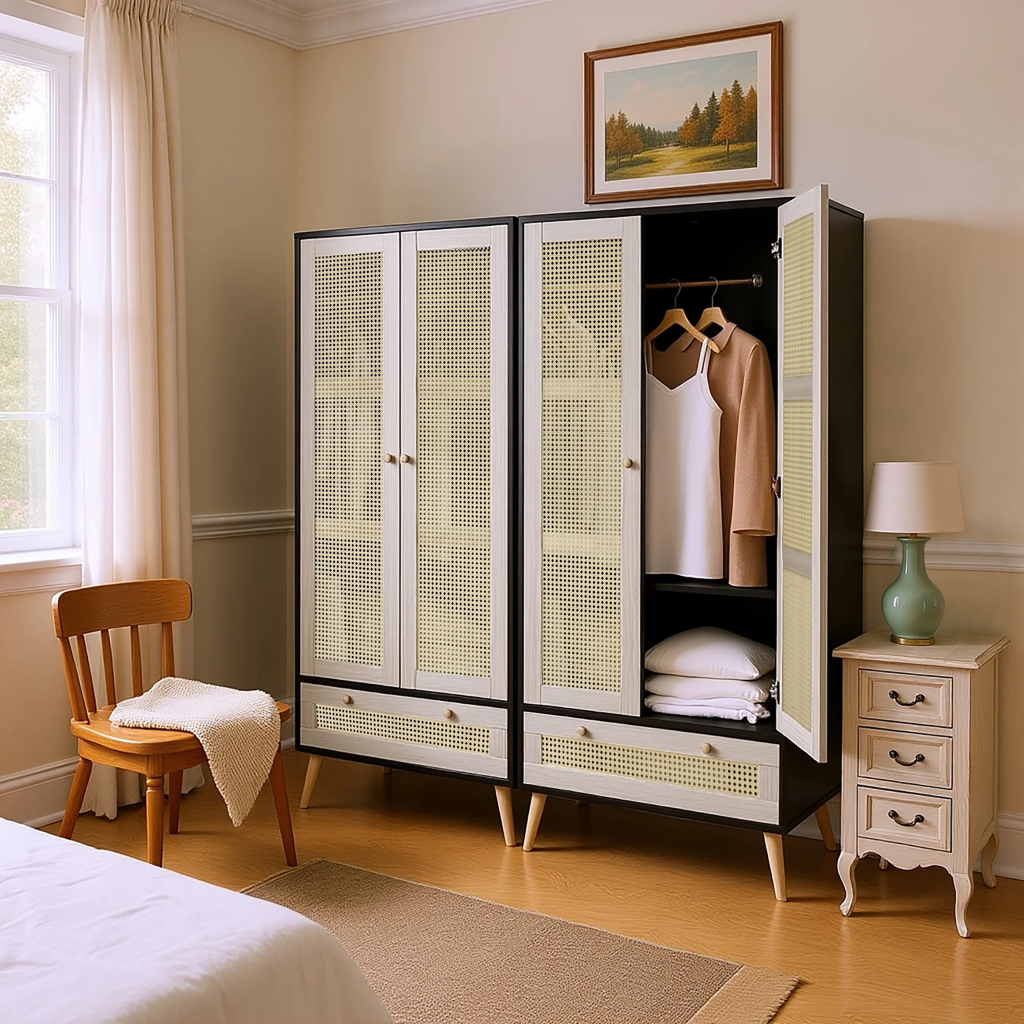 Accent Cabinet with Rattan Doors Drawer, Modern Storage Armoire for Living Room, Bedroom, Natural Wood Finish - Image 5
