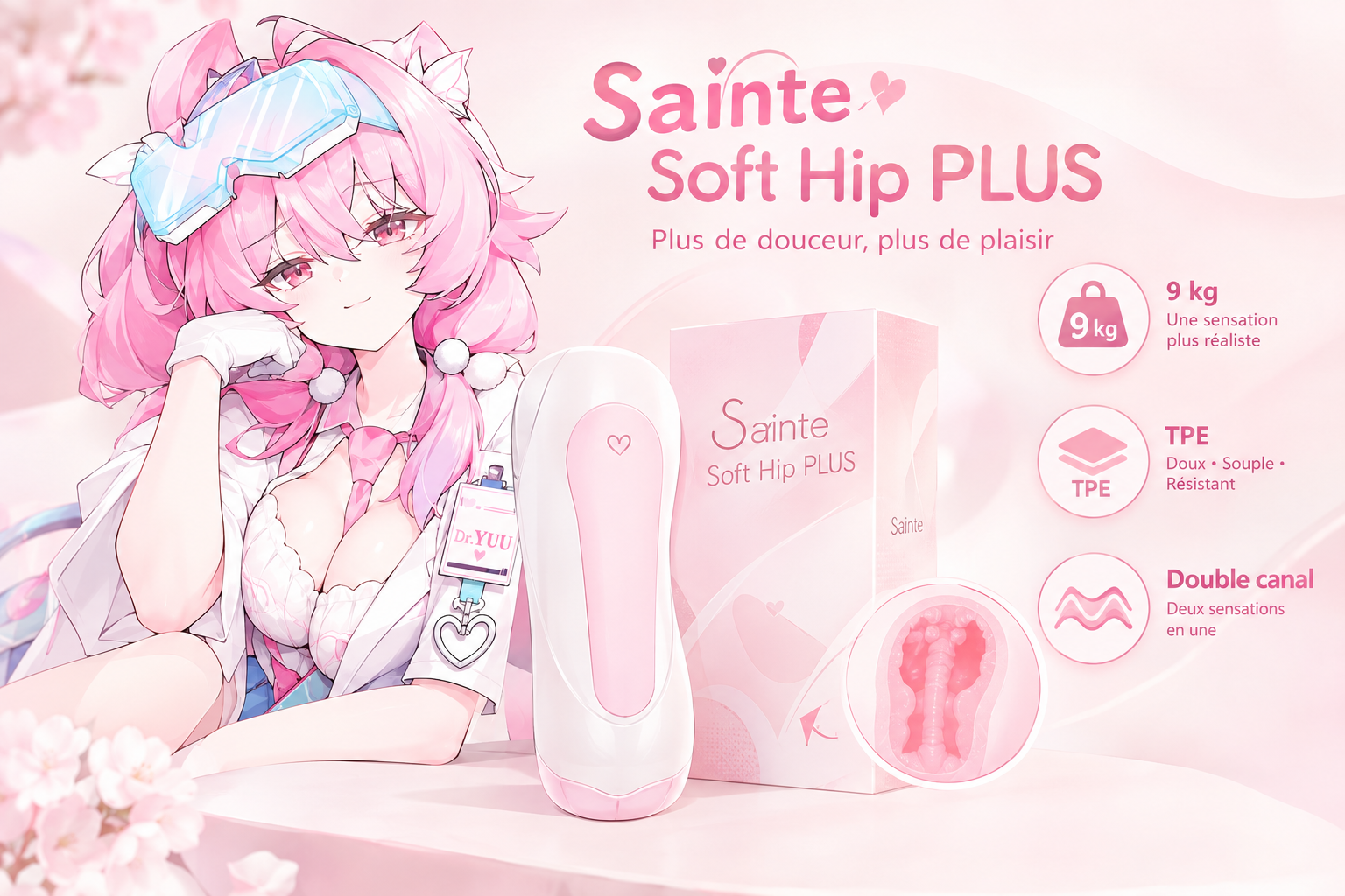 Présentation de la Sainte Soft Hip PLUS avec repères sur le poids, les trois couches de TPE et le double canal