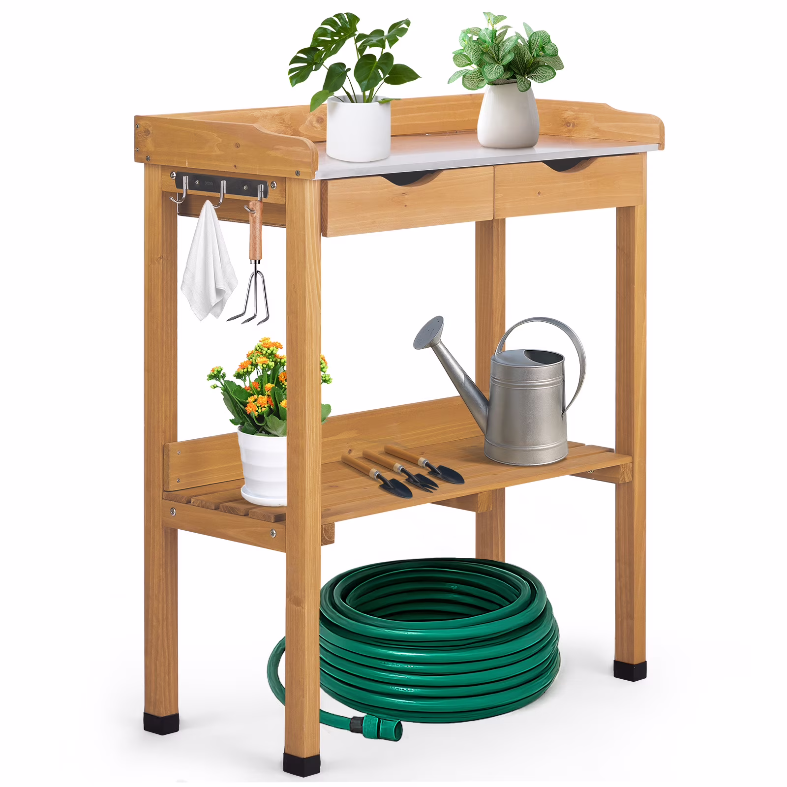 Outdoor Garden Potting Bench Table �C Wooden Planting Workstation with Metal Tabletop, Drawers & Storage Shelf