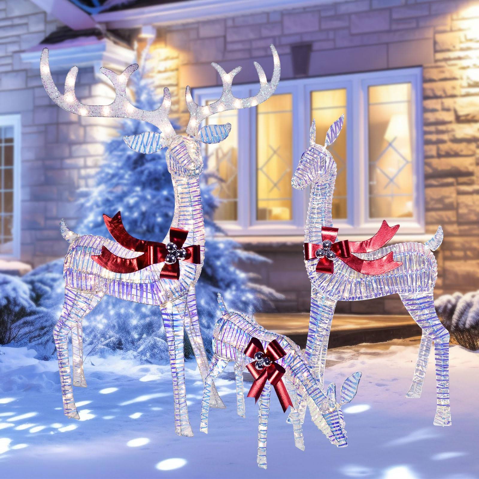 Christmas Decorations Outdoors Reindeer Family - Light Up Christmas Decor Iridescent Deer 3 Piece with LED Lights, Extension Cord, Ground Stakes, for