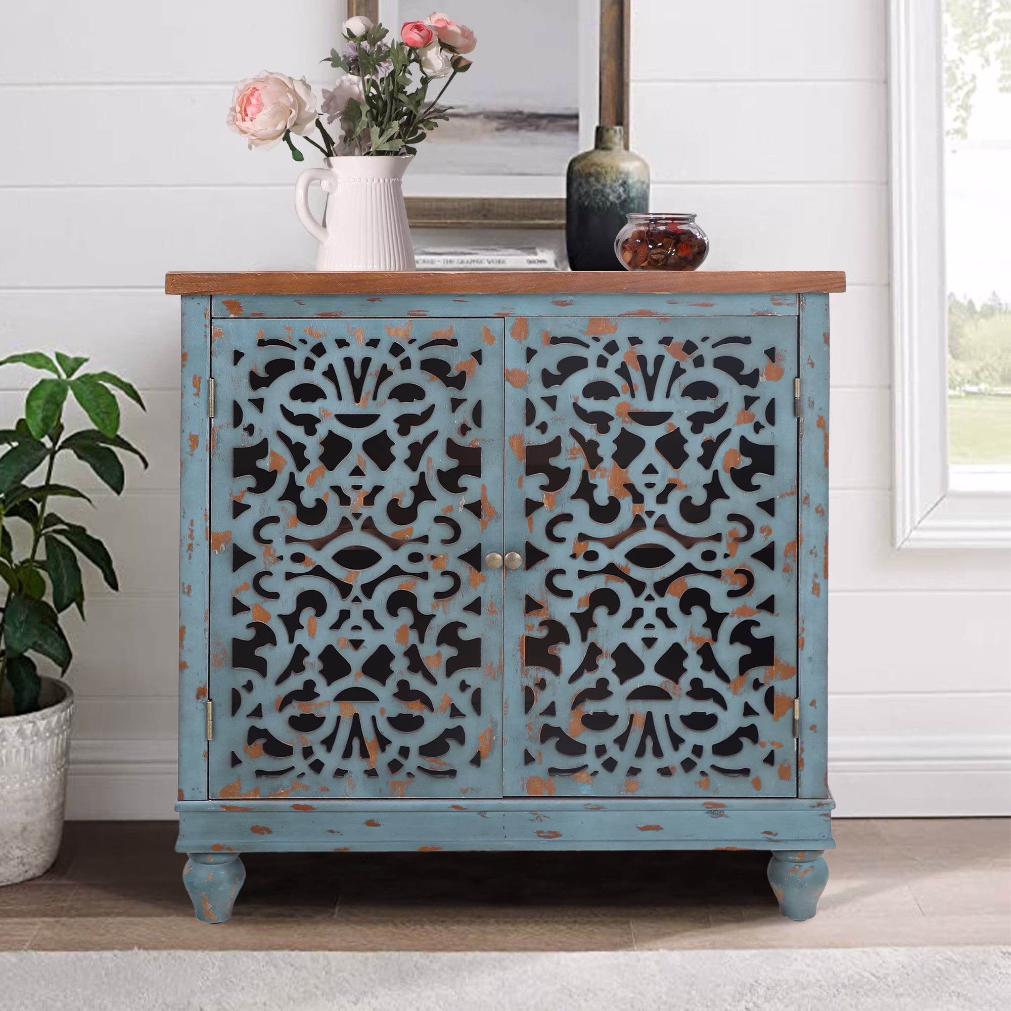 Hollow-Carved Credenzas and Sideboards, Wood Blue, 2 Shelves(2 door)