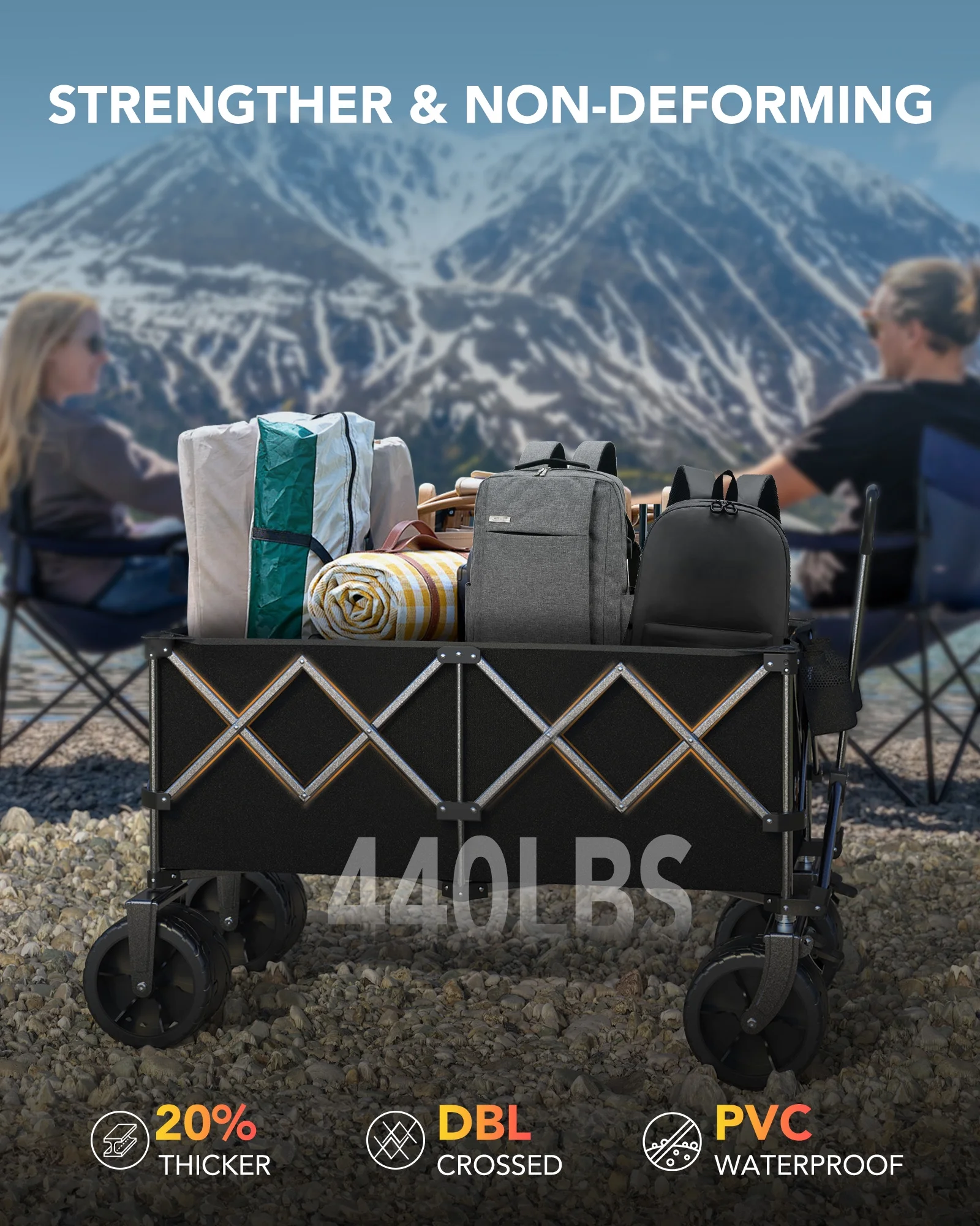 Collapsible Wagon, 440LBS Heavy Duty Wagon Carts Foldable with Side Pocket and Brakes, 66 Gallon Large Capacity Foldable Wagon-gray(Gray) - Image 2