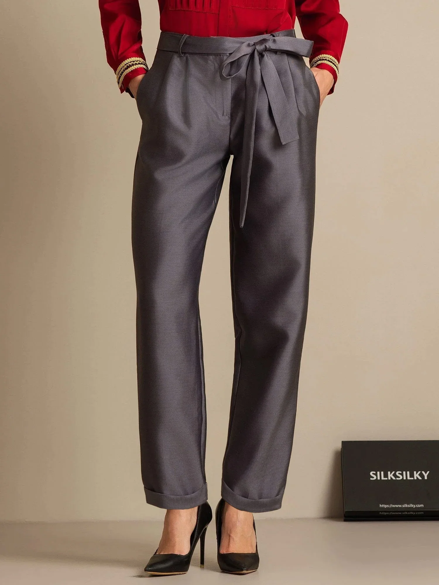 32Momme Silk-Wool Blend High Waist Tapered Cropped Women's Pants with Tie Waist Design