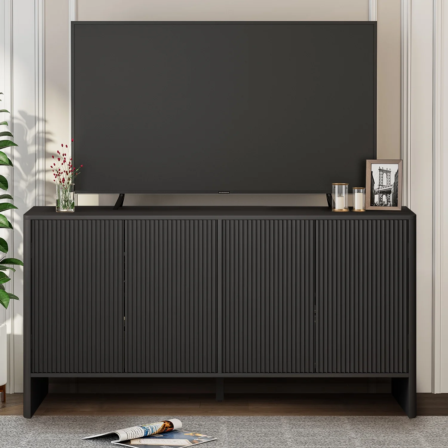 Sideboard Storage Cabinet with Doors and Shelves, Buffet Cabinet with Storage, Credenza Storage Cabinet for Kitchen, Wooden Fluted Cabinet, Under TV Cabinet with Storage Black(Black) - Image 8
