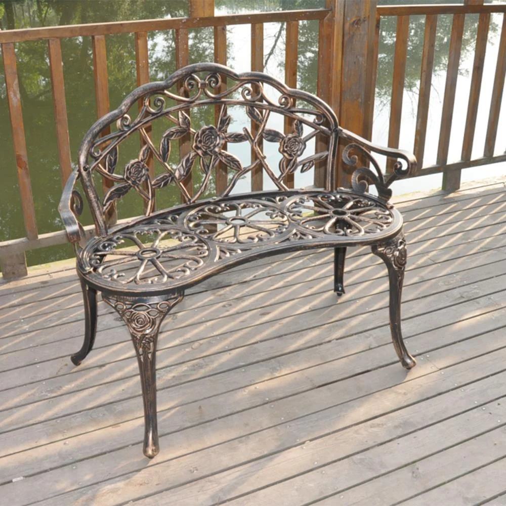 Courtyard Park Outdoor Patio Bench Leisure Rose Cast Aluminum Chair, Metal Loveseat Bench for Garden Patio, Porch, Deck, Bronze(Bronze) - Image 4