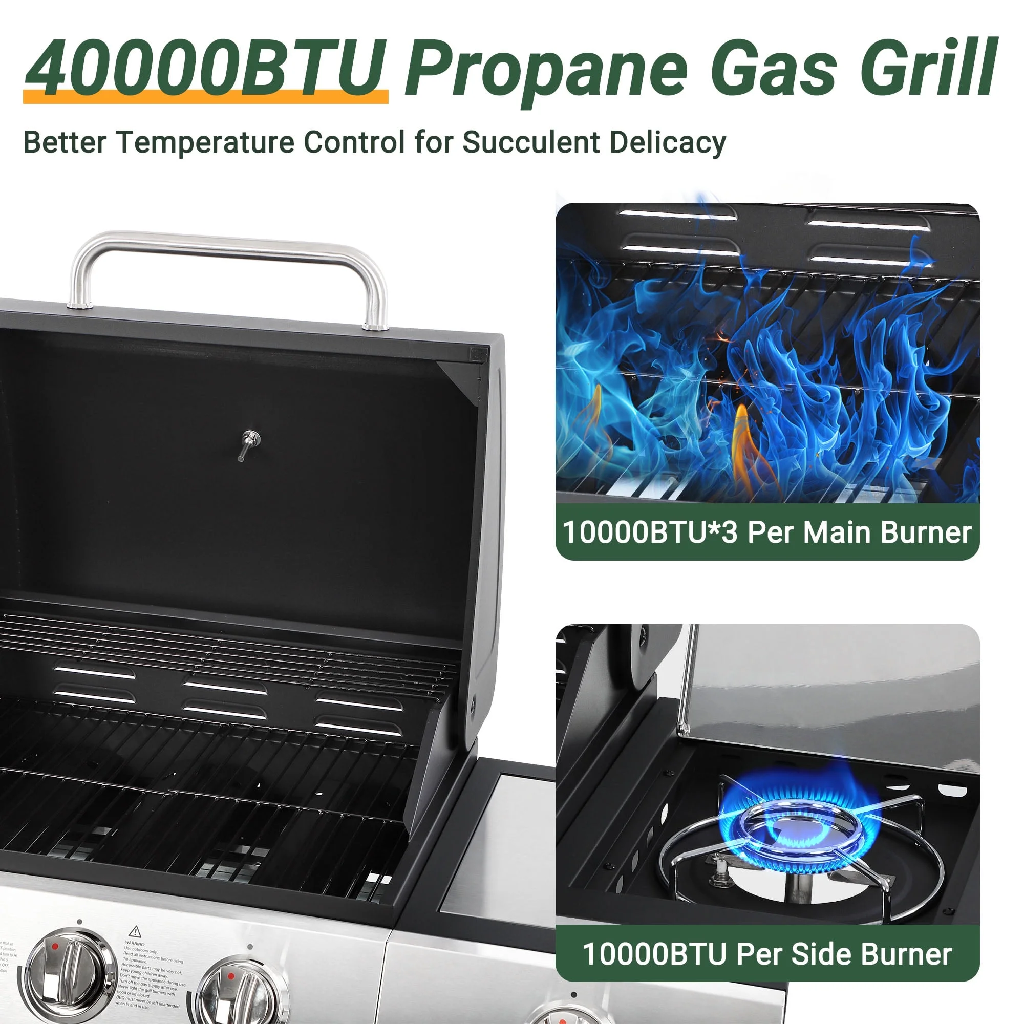 3 Burner Propane Gas Grill, 40,000BTU Stainless Steel BBQ Grill with Brush, Built-in Thermometer, 4 Universal Wheels for Outdoor Cooking Patio Backyard(40010) - Image 8