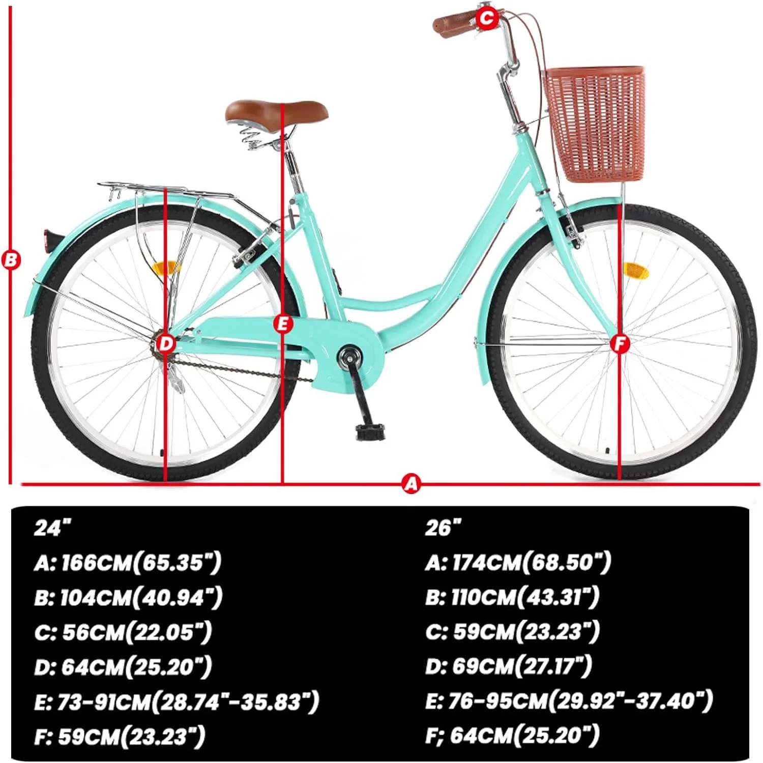 24-26 Inch Cruiser Bike for Women with Adjustable Seat,24 26 Inch Women's Beach Cruiser Bike Beach Womens Bike with Basket 1 Speed, Step Through Bikes, Commuter Bicycle Women Adult(24"/Beige) - Image 6