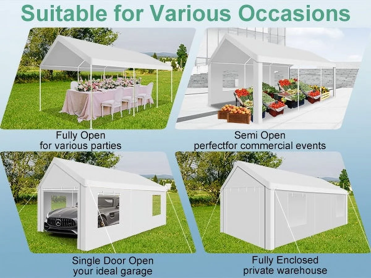 Hoteel 12'x20' Large Heavy Duty Car Tent with Steel Frame, Portable Garage Wedding Tent Gazebo Big Tents Carports Shelter with Waterproof Top Cover, All-Season Tarp for Outdoor Party Birthday, White(12??0 with Sidewalls/White)