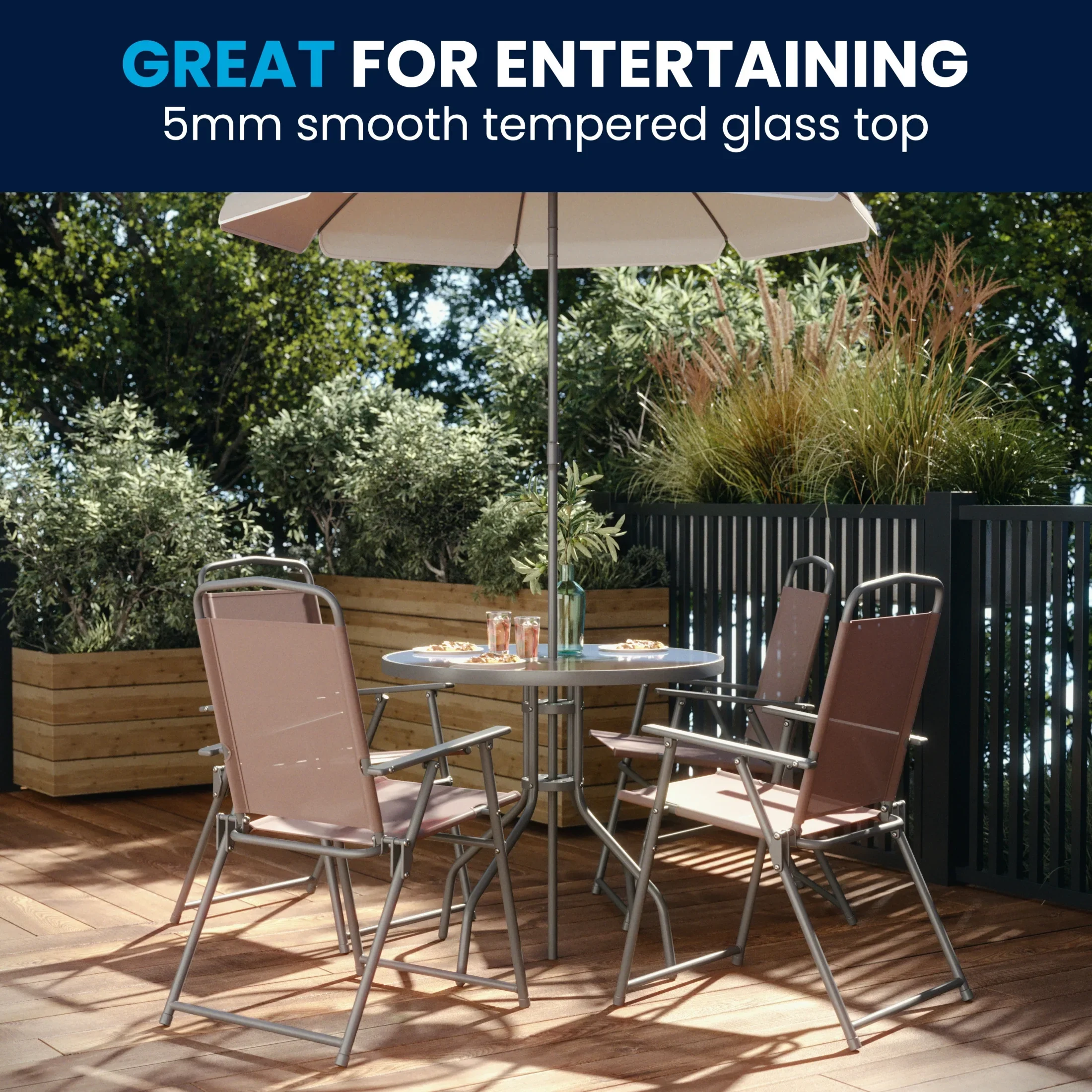 Flash Furniture Nantucket 6 Piece Black Patio Garden Set with Umbrella Table and Set of 4 Folding Chairs