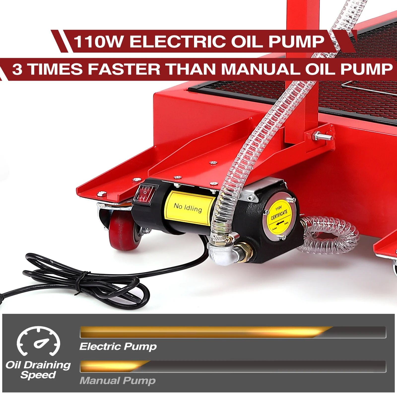 20 Gallon Electric Oil Drain Pan with 110V Pump 8 Ft Hose, Low Profile T Folding Handle Oil Drain Cart for Truck Cars SUVs,Red(Metal/20 gal/Red) - Image 3