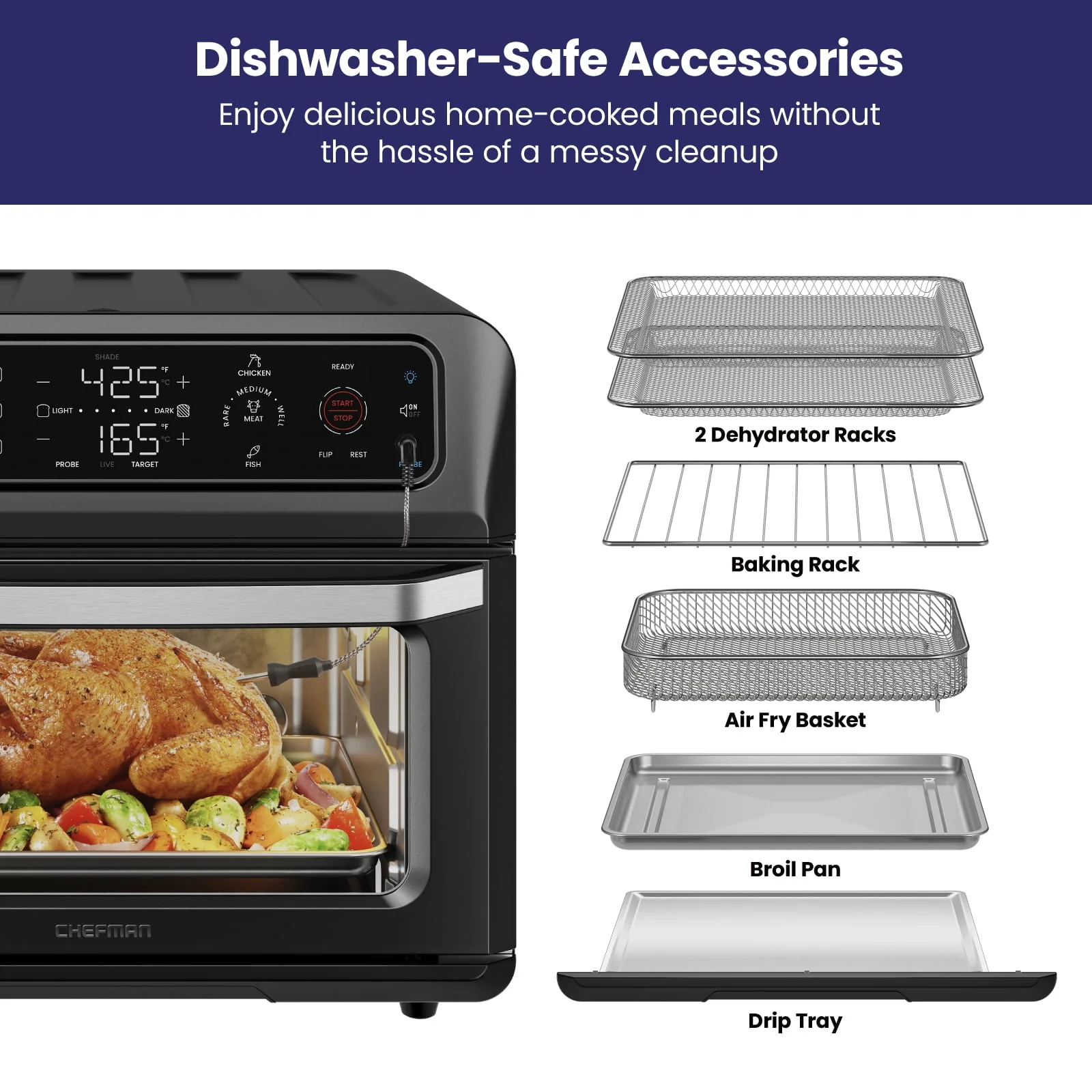 Chefman 12 - in - 1 Air Fryer Oven Combo W/ Probe Thermometer, 20 Qt Capacity, Black Stainless Steel