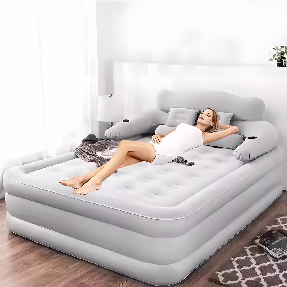 Air Mattress Queen with Built-in Pump and Headboard,Inflatable Portable Mattress for Home, Camping Guests,Gray.(Gray)