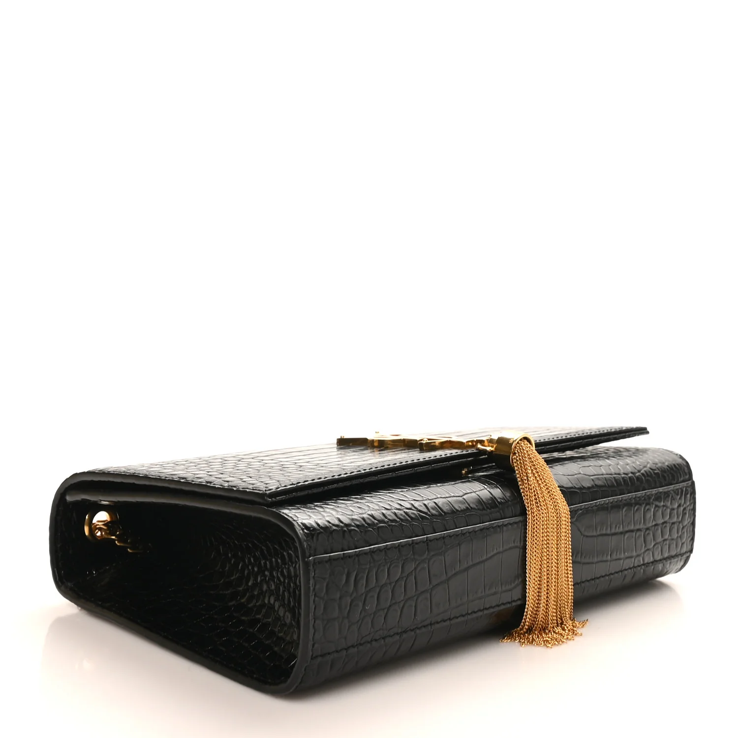 Calfskin Crocodile Embossed Medium Classic Monogram Kate Tassel Satchel Black