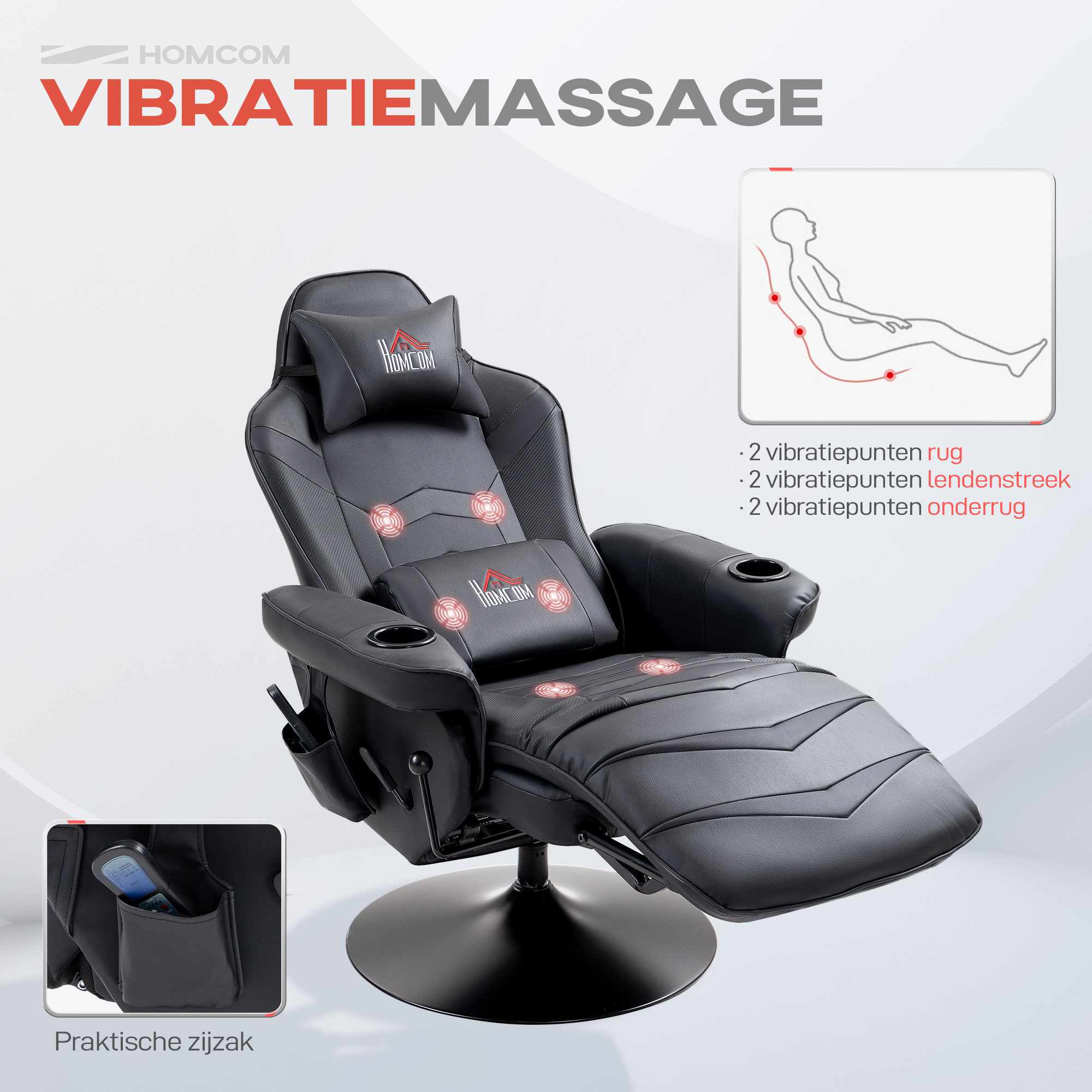 HOMCOM Gamingstoel, Massagefunctie, Kantelbare Rugleuning, Voetensteun, tot 120 kg, Stalen Frame, Kunstleer, Zwart