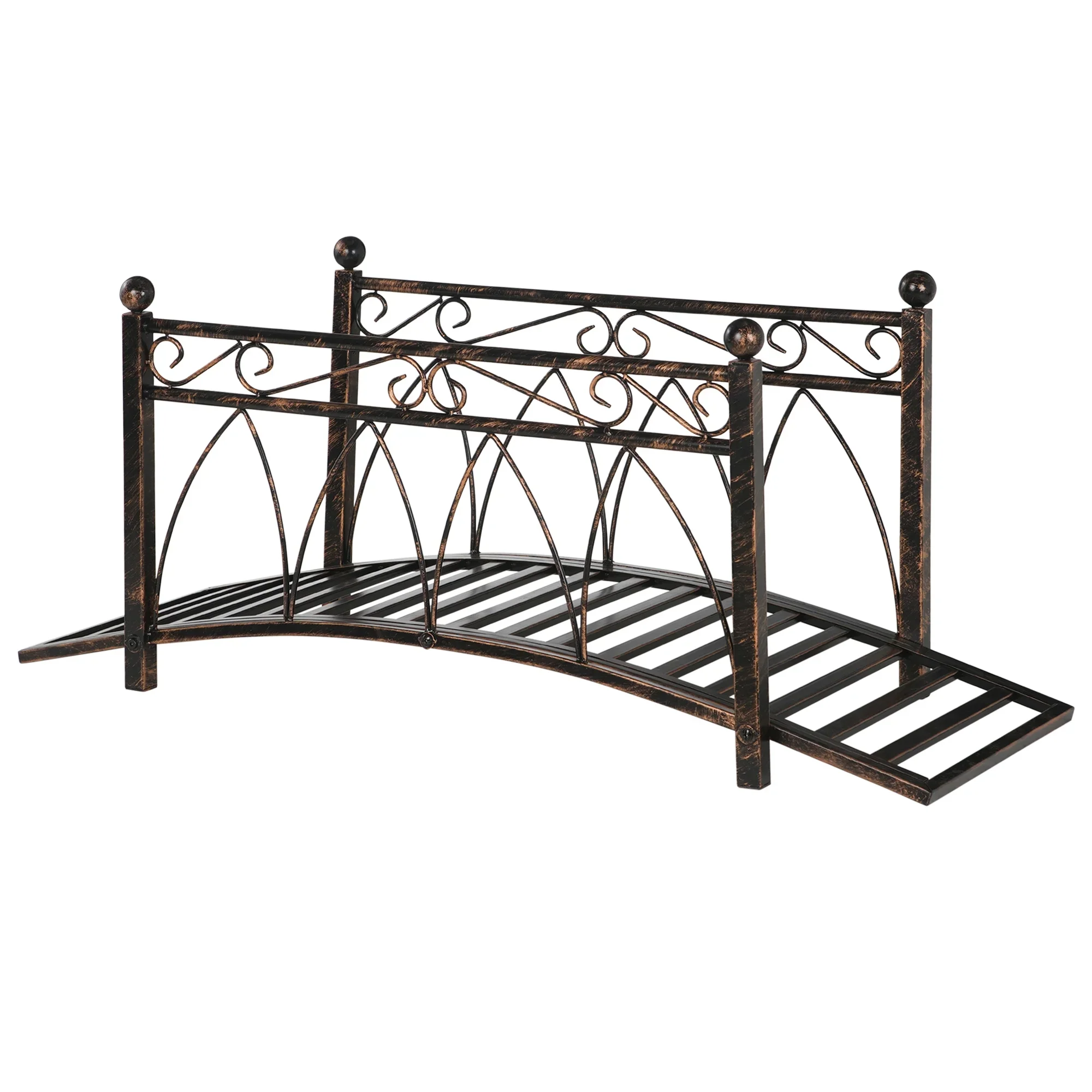 Outsunny 3.3' Metal Arch Zen Garden Bridge with Safety Siderails, Decorative Footbridge, Delicate Scrollwork & Corner Spheres for Stream, Black