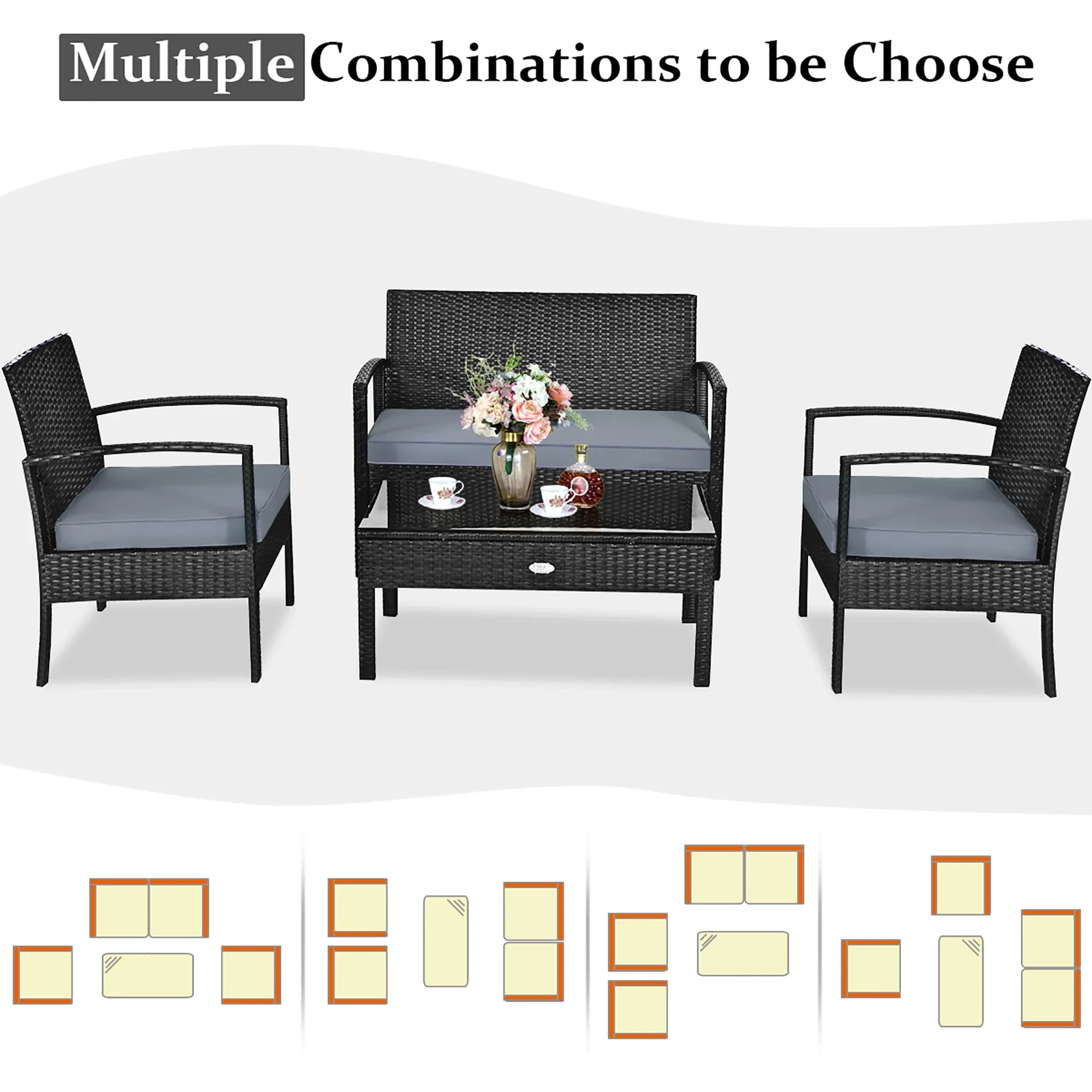 Costway 4PCS Patio Rattan Wicker Furniture Set Loveseat Sofa Cushioned Garden Yard Brown