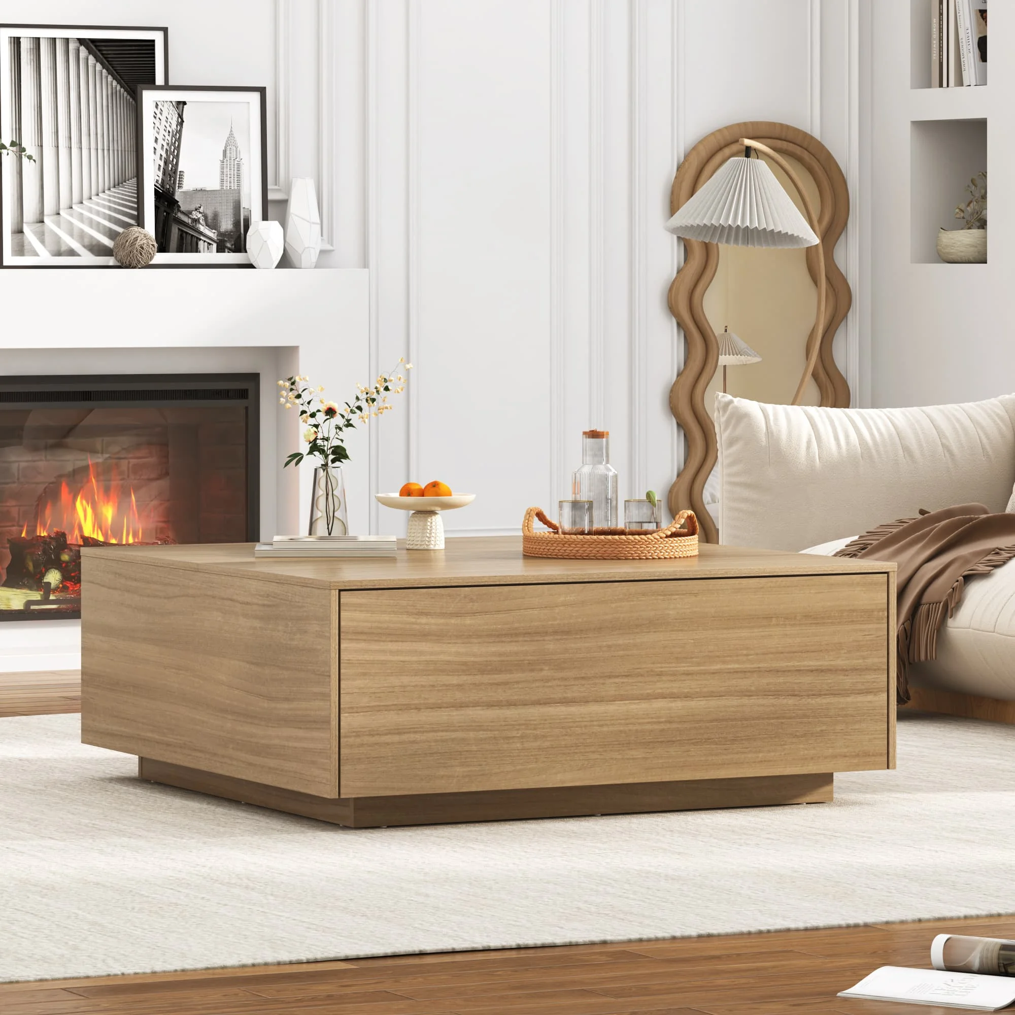 Square Coffee Table with 2 Large Drawers, 43" Mid Century Modern Coffee Table with Storage, Wood Cocktail Table Center Table with Storage for Living Room, Wood Grain(43"/Light Brown) - Image 10