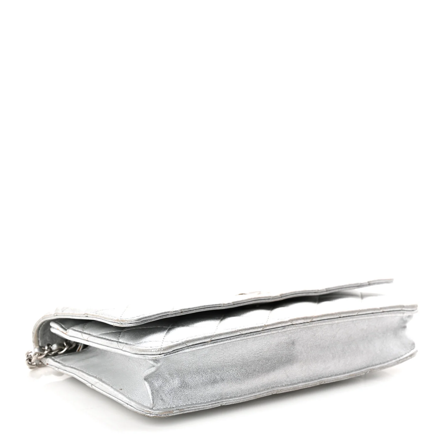 Metallic Lambskin Quilted Wallet On Chain WOC Silver