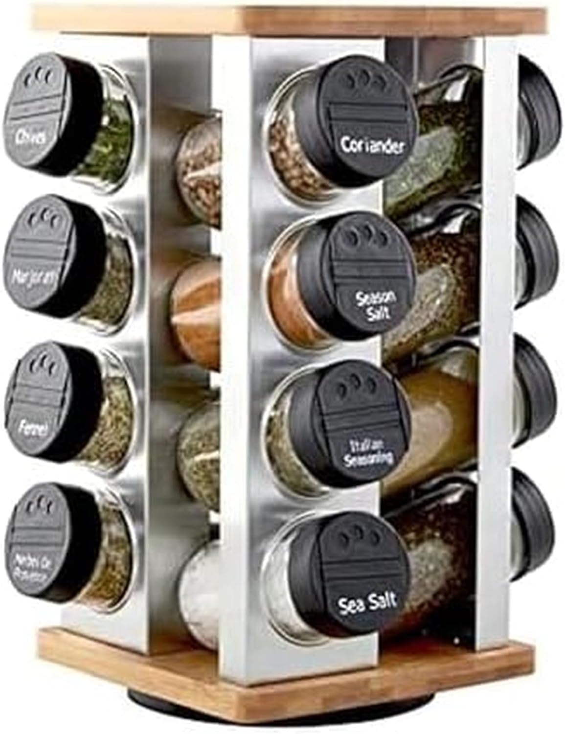 Kamenstein 16 Jar Warner Revolving Countertop Spice Rack Organizer with Lift & Pour Caps and Spices Included, FREE Spice Refills for 5 years, Stainless Steel & Bamboo with Black Caps
