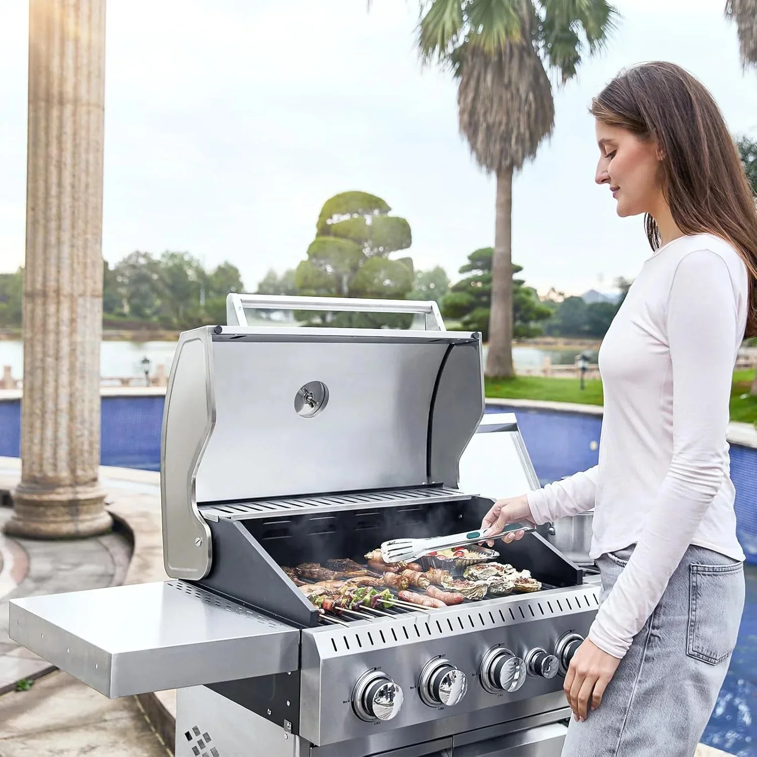 Upgraded 4 Burner BBQ Propane Gas Grill with Cast Iron Grates & Side Stove, 44,000 BTU Stainless Steel Burner Barbecue Grill for Patio, Camping, Outdoor Cooking MELLCOM