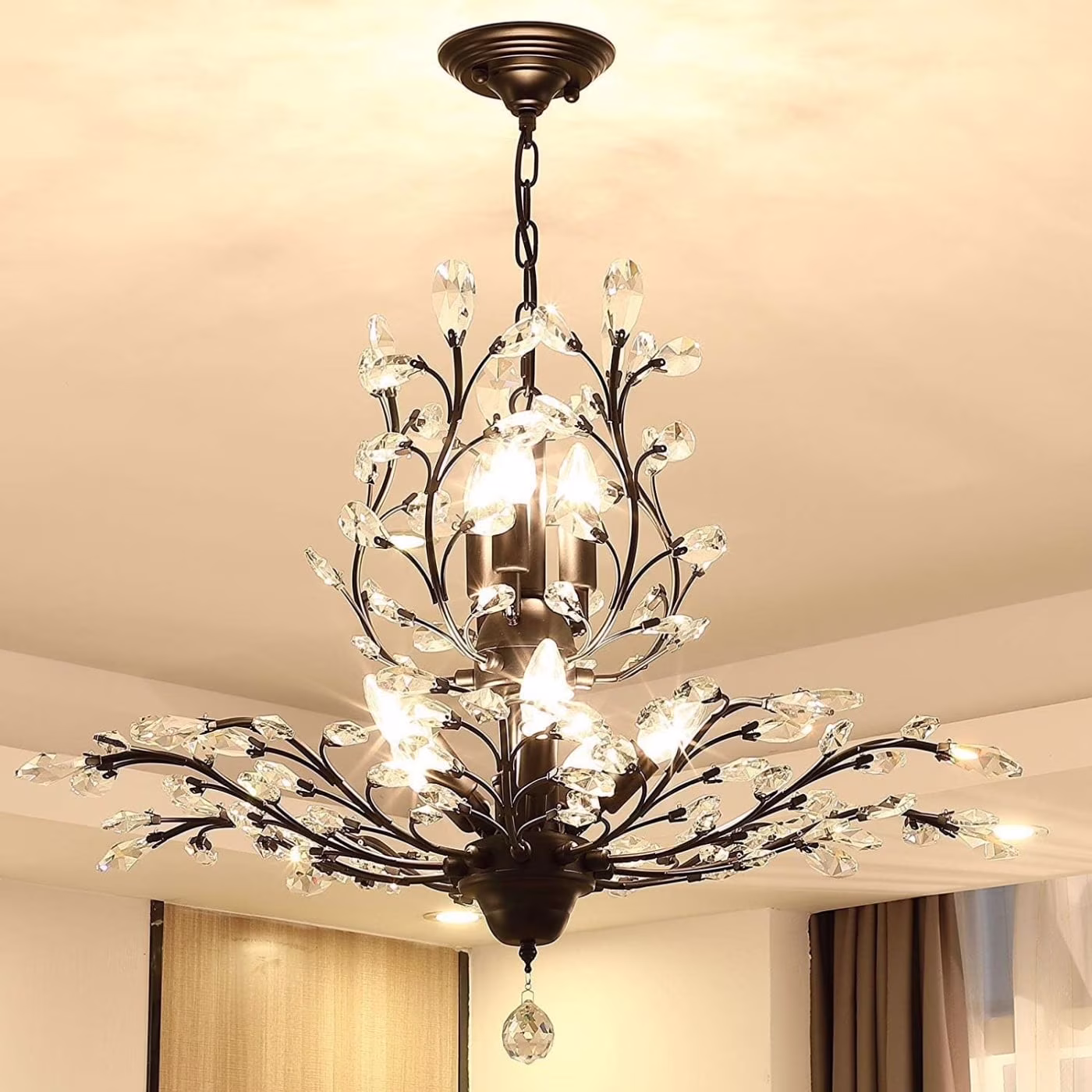 Ganeed Vintage 8 Lights Pendant Light Crystal Chandeliers Adjustable Ceiling Light for Living Room Bedroom Restaurant Porch Hallway - Black