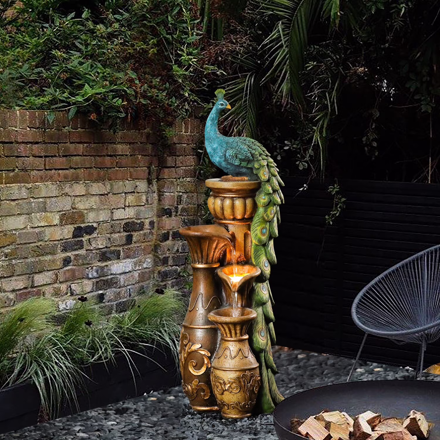 LuxenHome 44 Resin Outdoor Water Fountain, Peacock Garden Water Fountain Outdoor with LED Lights
