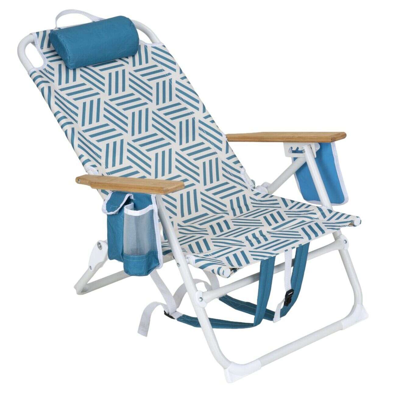 Chaise de plage pliante poignées bambou poches latérales blanc et bleu 66x58xH81cm