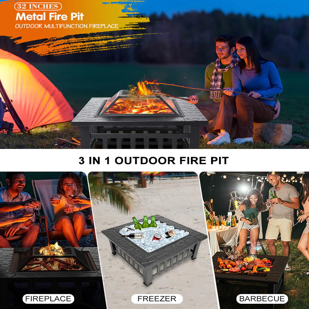 Wood Burning Fire Pits for Outside, 32 Square Iron Fire Pit Backyard Patio Garden Stove Wood Burning Fire Pit w/ BBQ Net, Waterprrof Cover, Mesh Screen Lid, Wood Grate, Poker, Durable Fire Pit