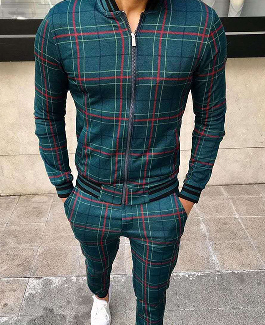 Ensemble 2 pièces : manteau et pantalon à carreaux décontractés à manches longues et fermeture éclair