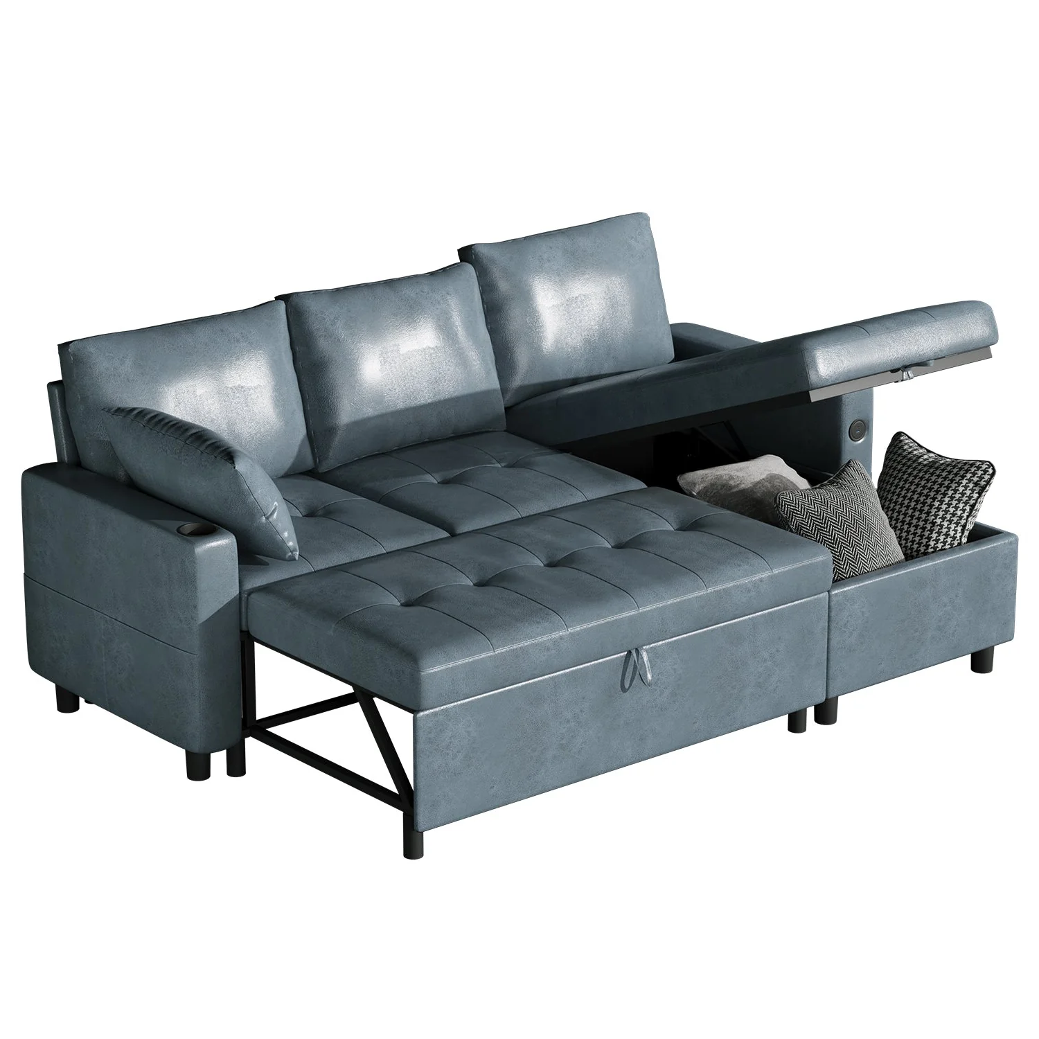 AECOJOY Sleeper Sofa Couch with Pullout Bed, Faux Leather, Blue