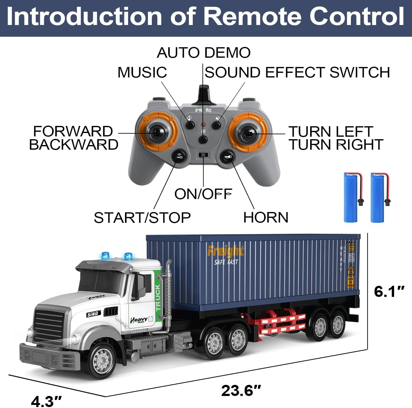 23.6-Inch 9-Channel Remote Control Semi Truck with Trailer - 1:24 Scale RC Container Carrier