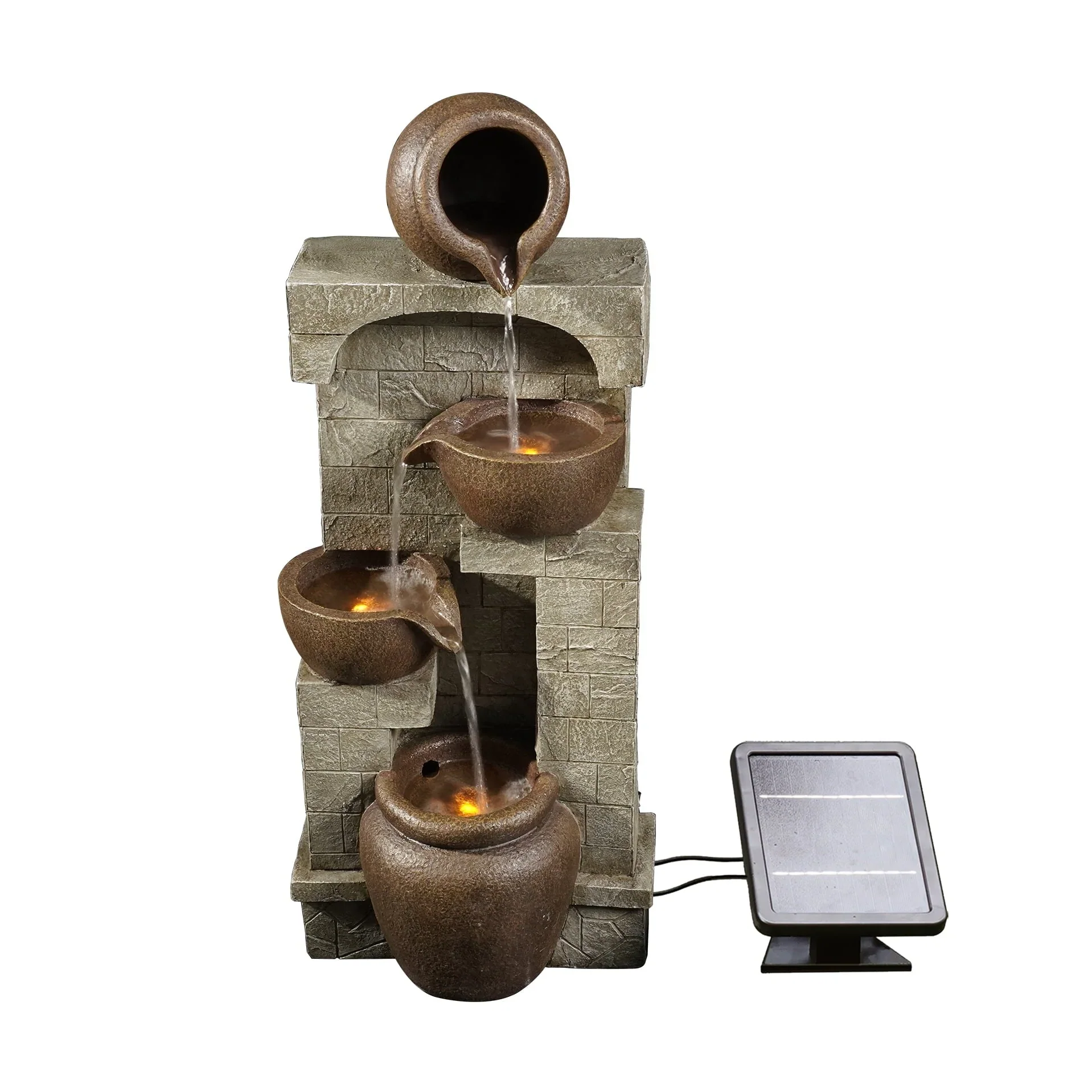 Teamson Home 28.5 Solar Powered 4-Tier Cascading Bowls & Stacked Stones Garden Water Fountain with LED Lights, Brown