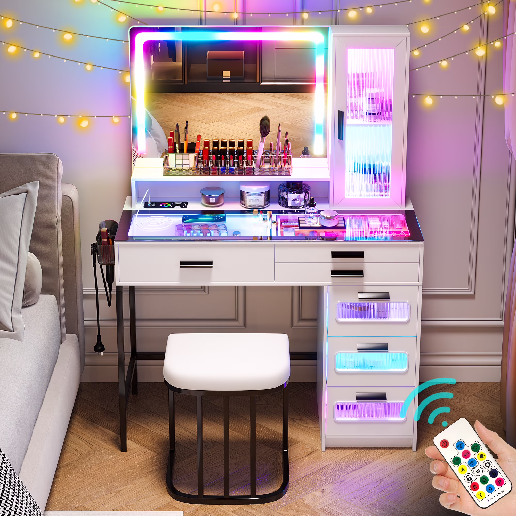 Vanity Desk with Mirror and RGB Lights, Glass Top Makeup Vanity with Auto Sensor Lights and Wireless Charging, Vanity Table Set with Cushion Stool, Dressing Table with 6 Drawers (White)(White)