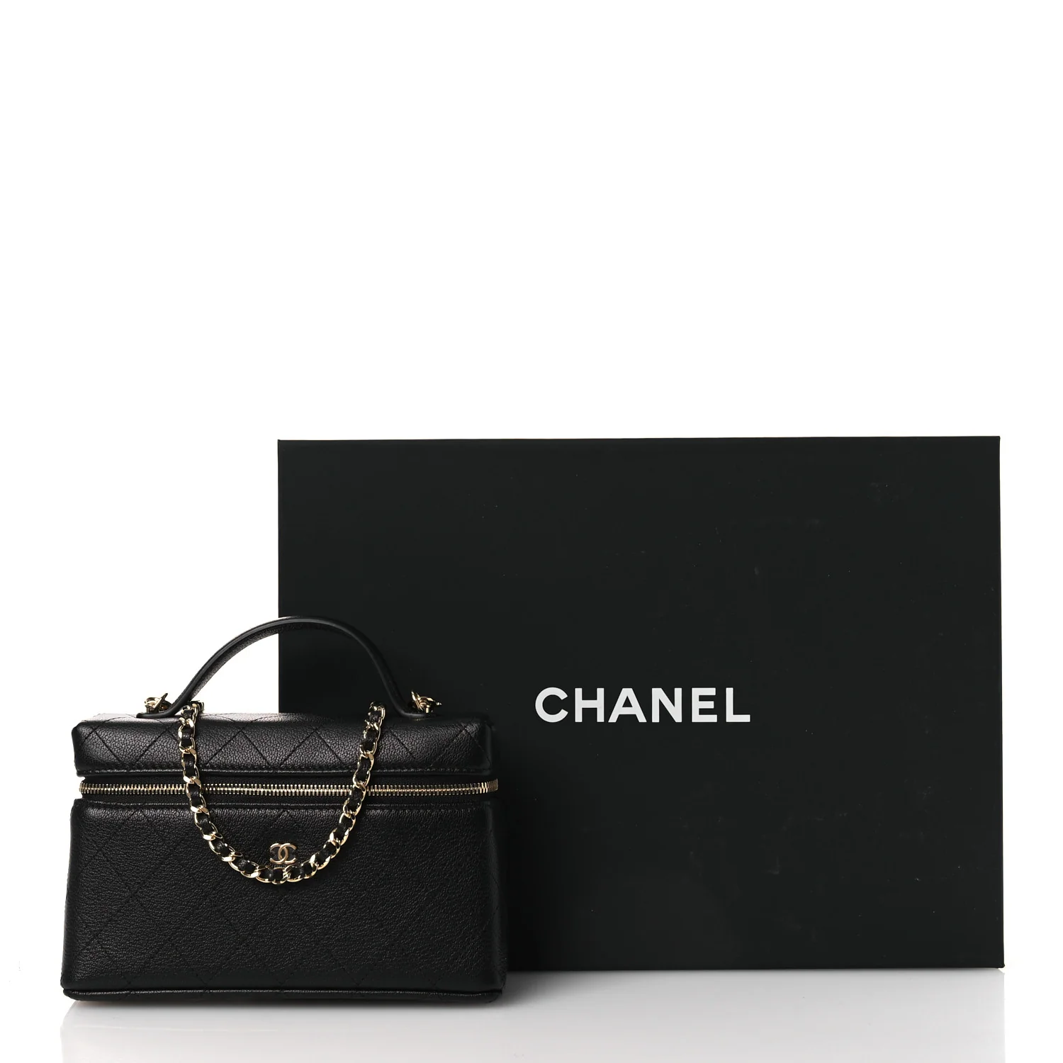 Goatskin Stitched Top Handle Slim Vanity With Chain Black