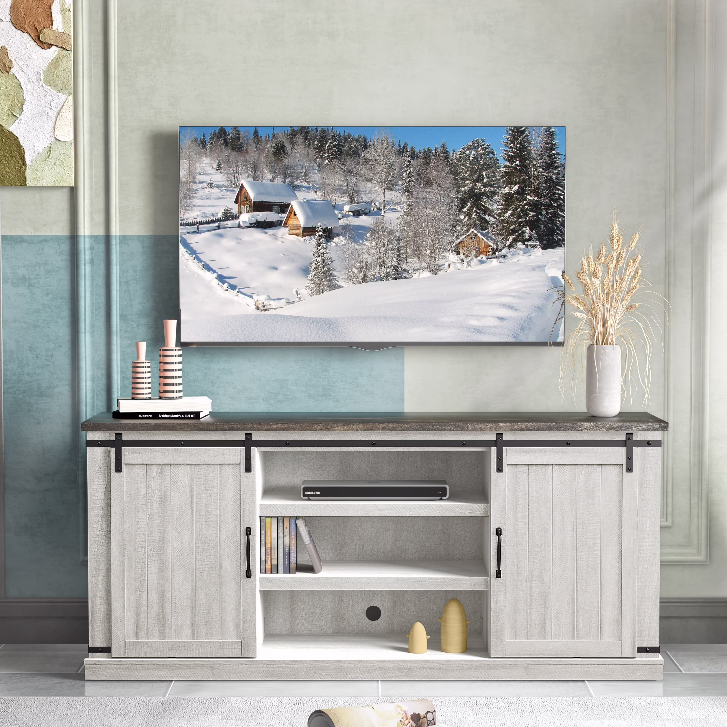 Farmhouse TV Stand for 75" TV, Entertainment Center, Sliding Barn Door TV Stand, 68 inch TV Console Table, Home Living Room Media Console with Adjustable Shelf Off White(Off White)