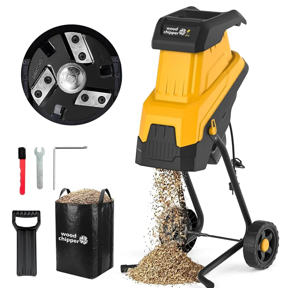 15-Amp 3-Blade Electric Wood Chipper Shredder, Effortlessly Shred 1.8" Branches with 30% Faster Mulching & 1.5mm Fine Chips, 45L Collection Bag for Yard Waste, Twigs, Leaves & Composting