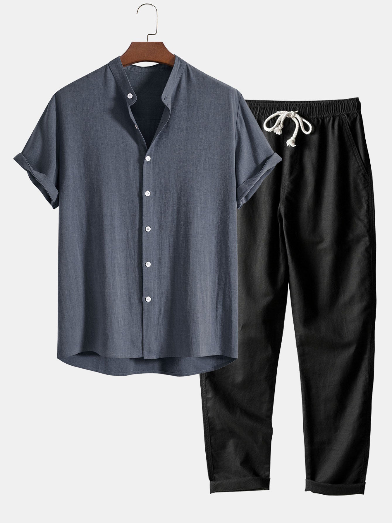 Chemise à col montant et pantalon droit en lin mélangé et rayonne