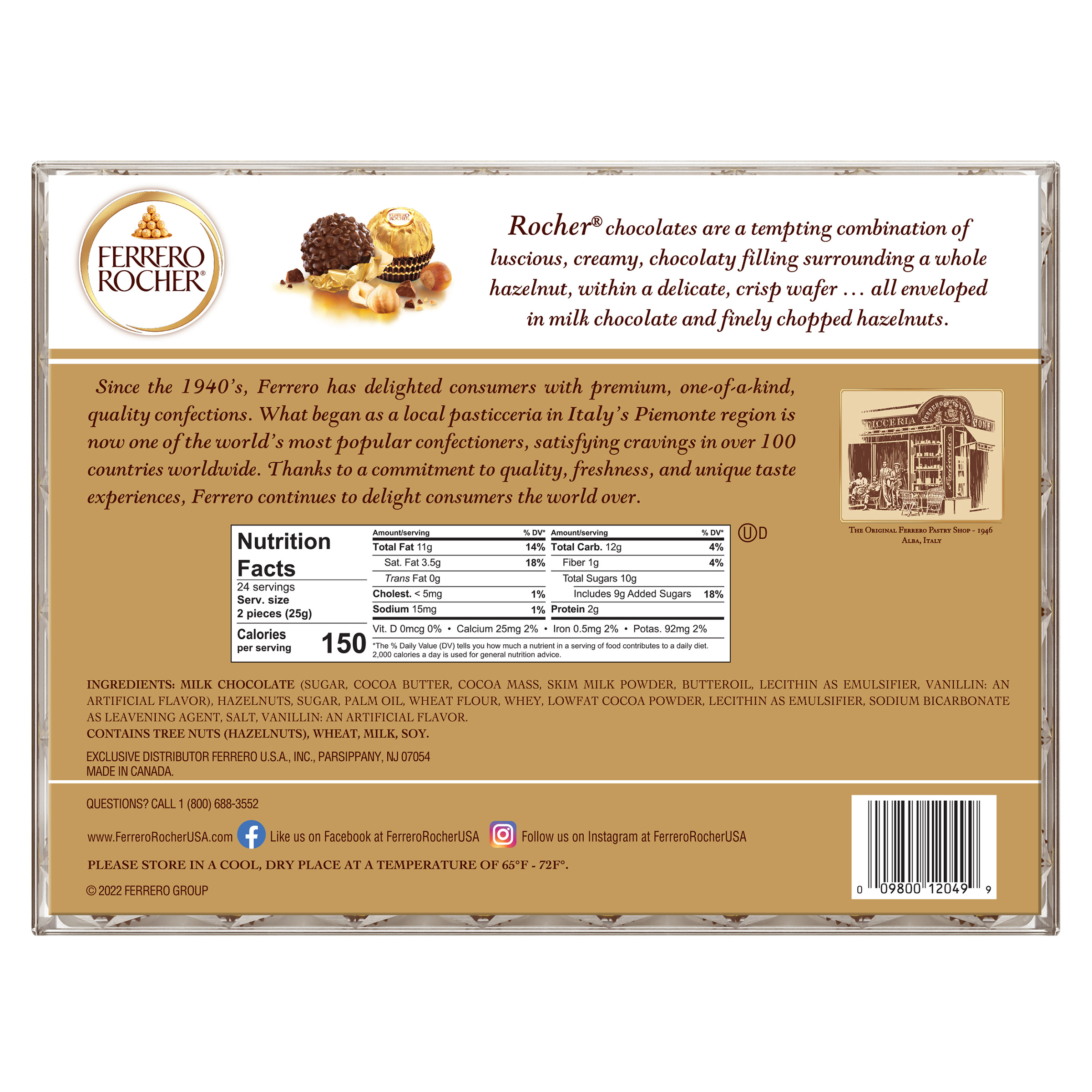 Ferrero Rocher, Milk Chocolate Hazelnut Candy, 21.2 oz, 48 Count
