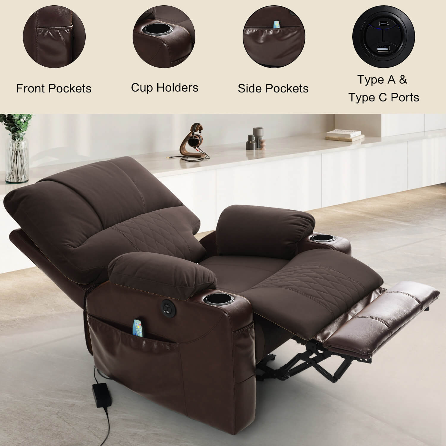 Fauteuil inclinable électrique avec chauffage et massage, format compact