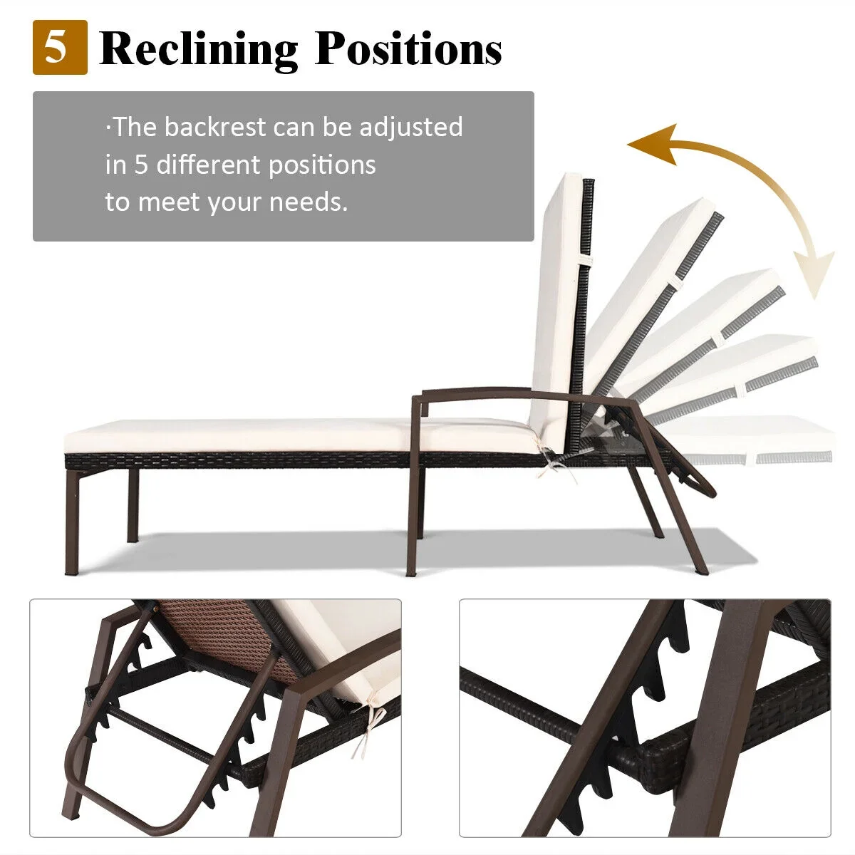 Costway 2PCS Patio Rattan Lounge Chair Chaise Recliner Back Adjustable Cushioned Garden Brown