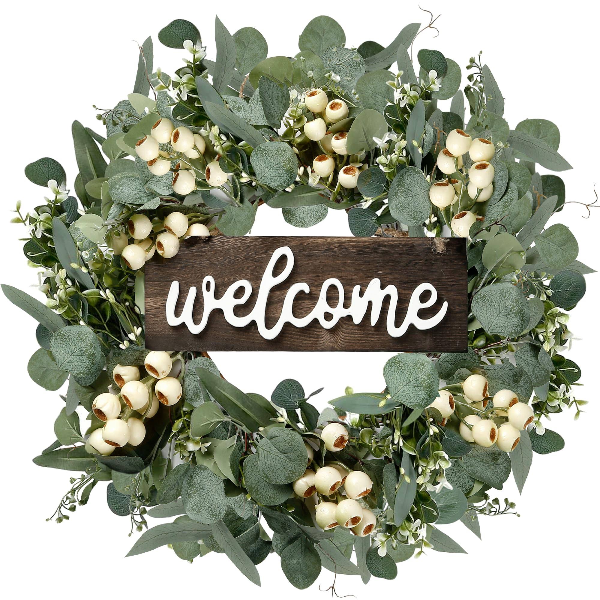 Sggvecsy Green Eucalyptus Wreath with Welcome Sign 20in Artificial Eucalyptus WR