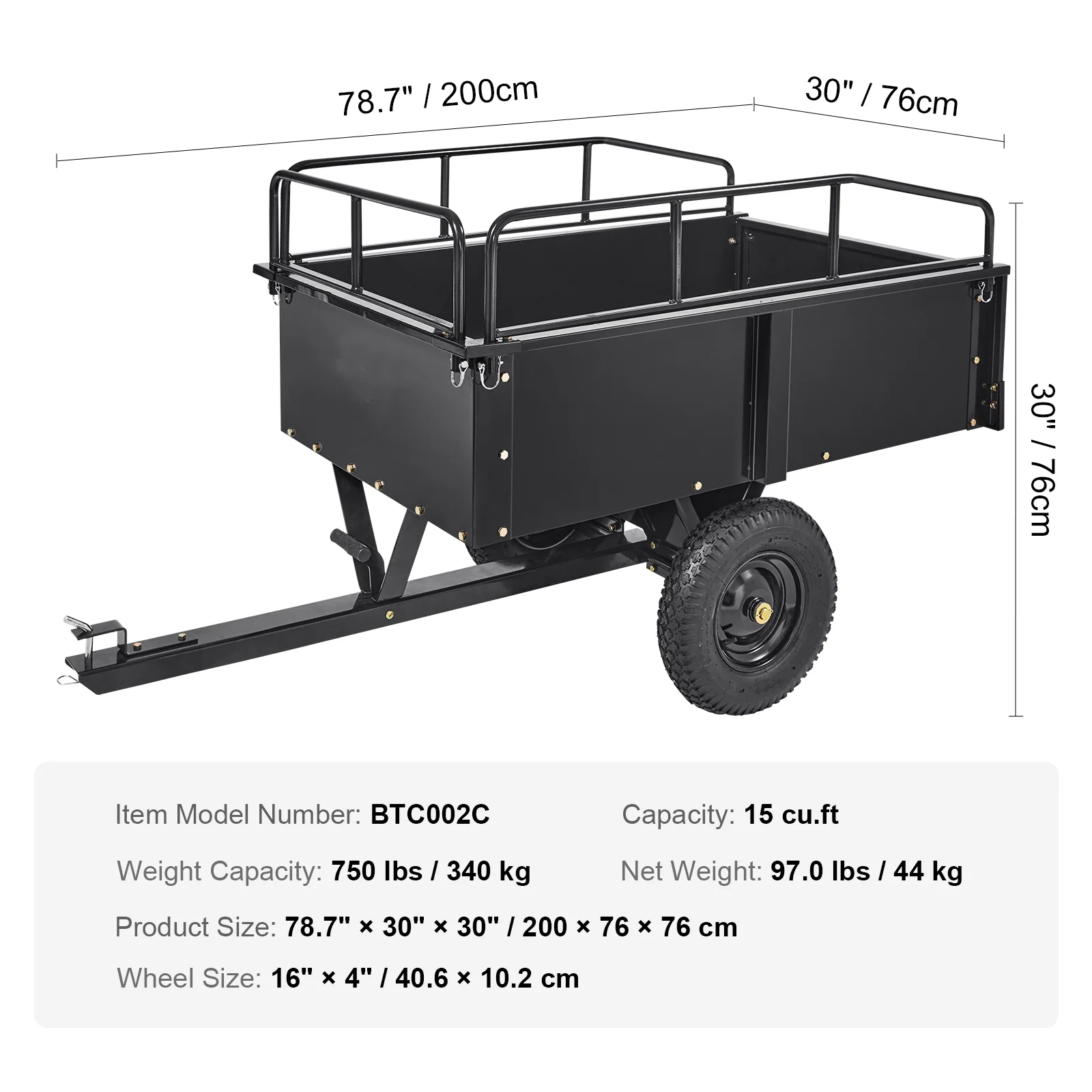Dump Trailer Tow Behind Dump Cart, 750 lbs 15 Cu. Ft, Steel Construction Garden Utility Trailer with Removable Sides - Image 7