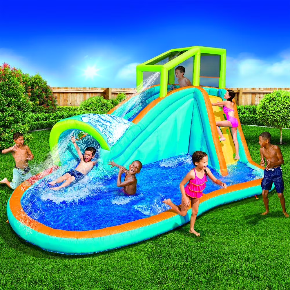 Banzai Inflatable Water Slide - Huge Kids Pool (14 Feet Long by 8 Feet High) with Built in Sprinkler Wave and Water Wall - Heavy Duty Summer Outdoor Fun